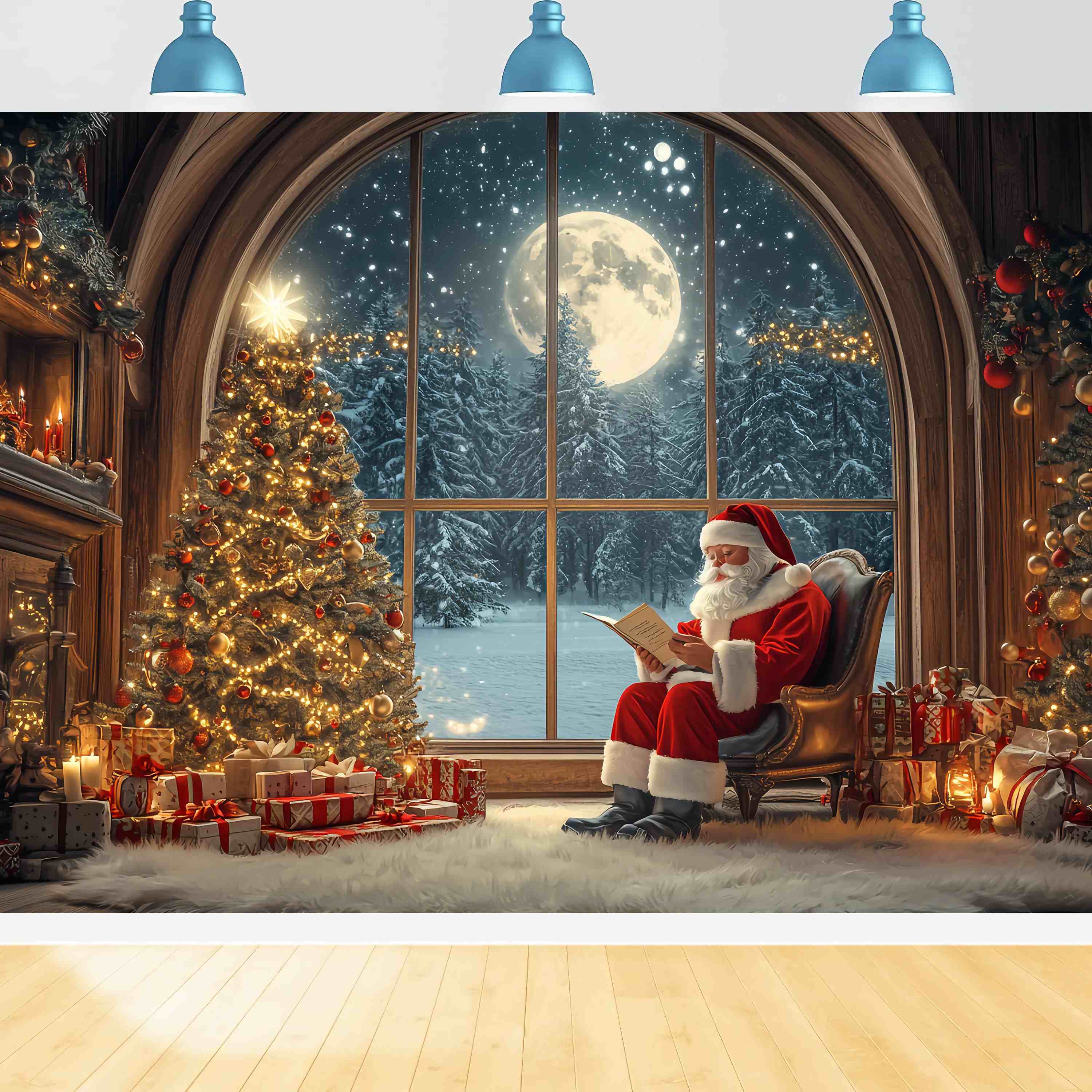 Toile de fond photo Noël Père Noël Lisant Sapin de Noël au Clair de Lune TWW58-56