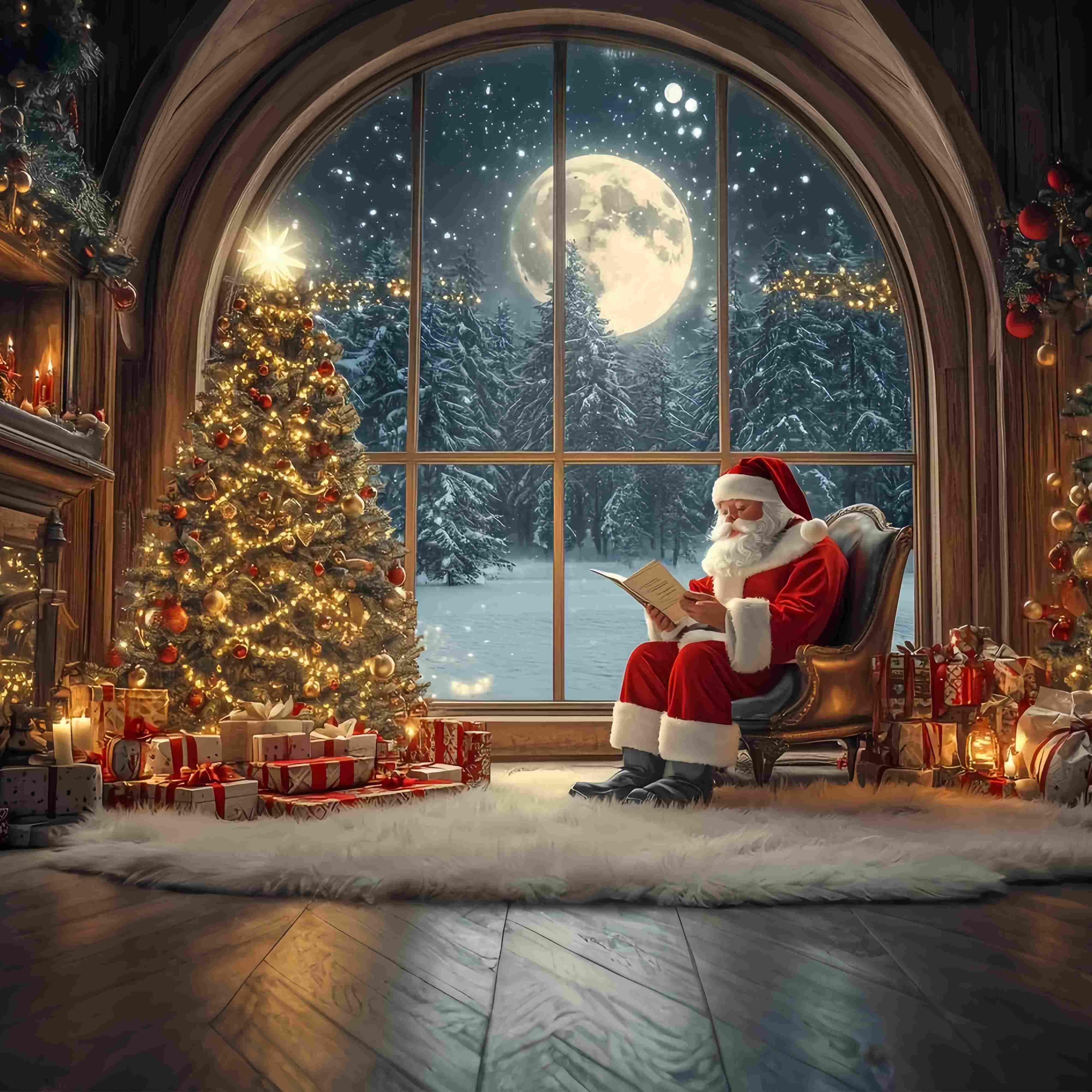 Toile de fond photo Noël Père Noël Lisant Sapin de Noël au Clair de Lune TWW58-56