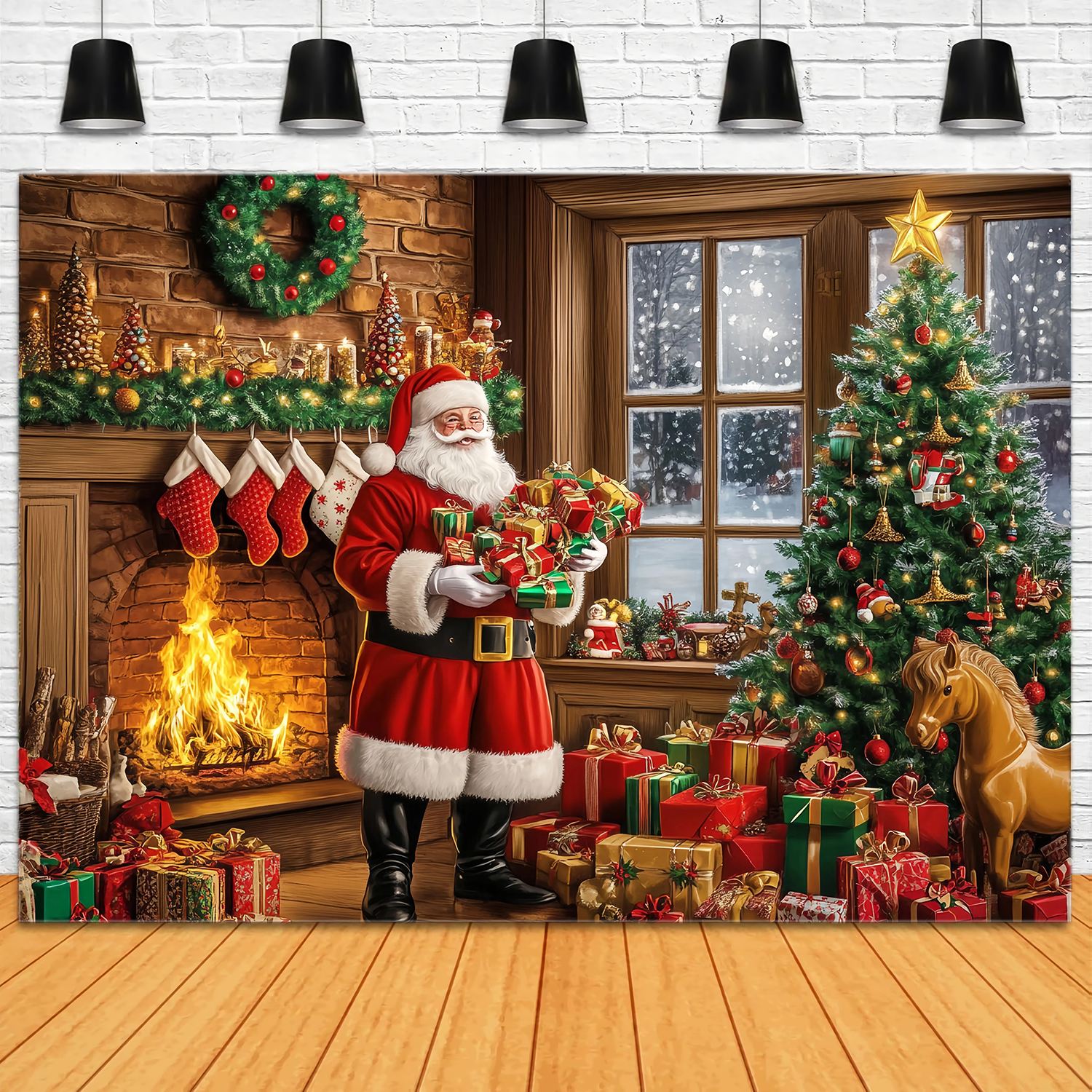 Toile de fond photo Noël Père Noël Cheminée Pile de Cadeaux TWW58-57