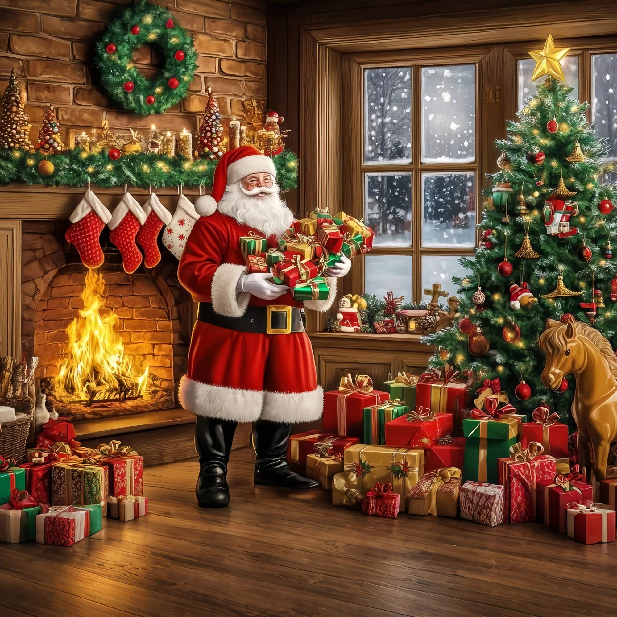 Toile de fond photo Noël Père Noël Cheminée Pile de Cadeaux TWW58-57