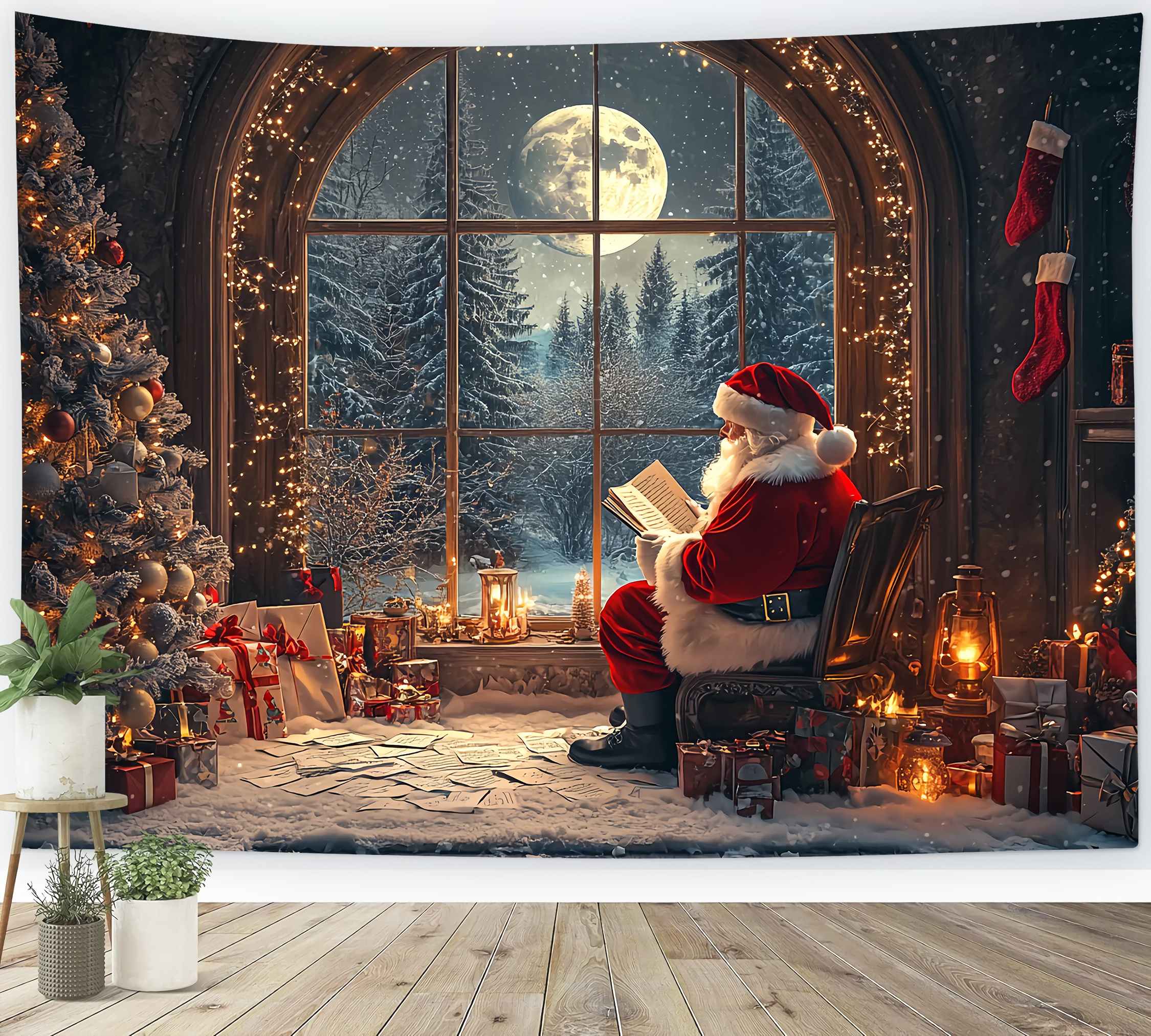 Toile de fond Noël Père Noël Fenêtre au Clair de Lune Lecture TWW58-58