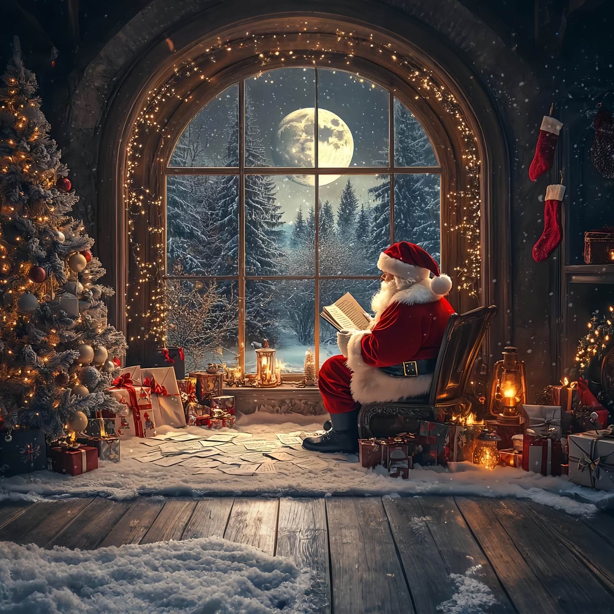 Toile de fond Noël Père Noël Fenêtre au Clair de Lune Lecture TWW58-58