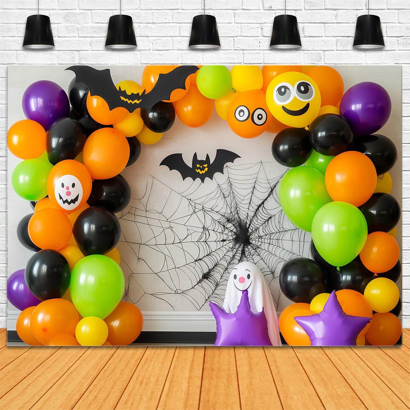 Fond De Photo Halloween Mur Arche De Ballons Colorés Avec Chauves-Souris Et Fantômes TWW58-6