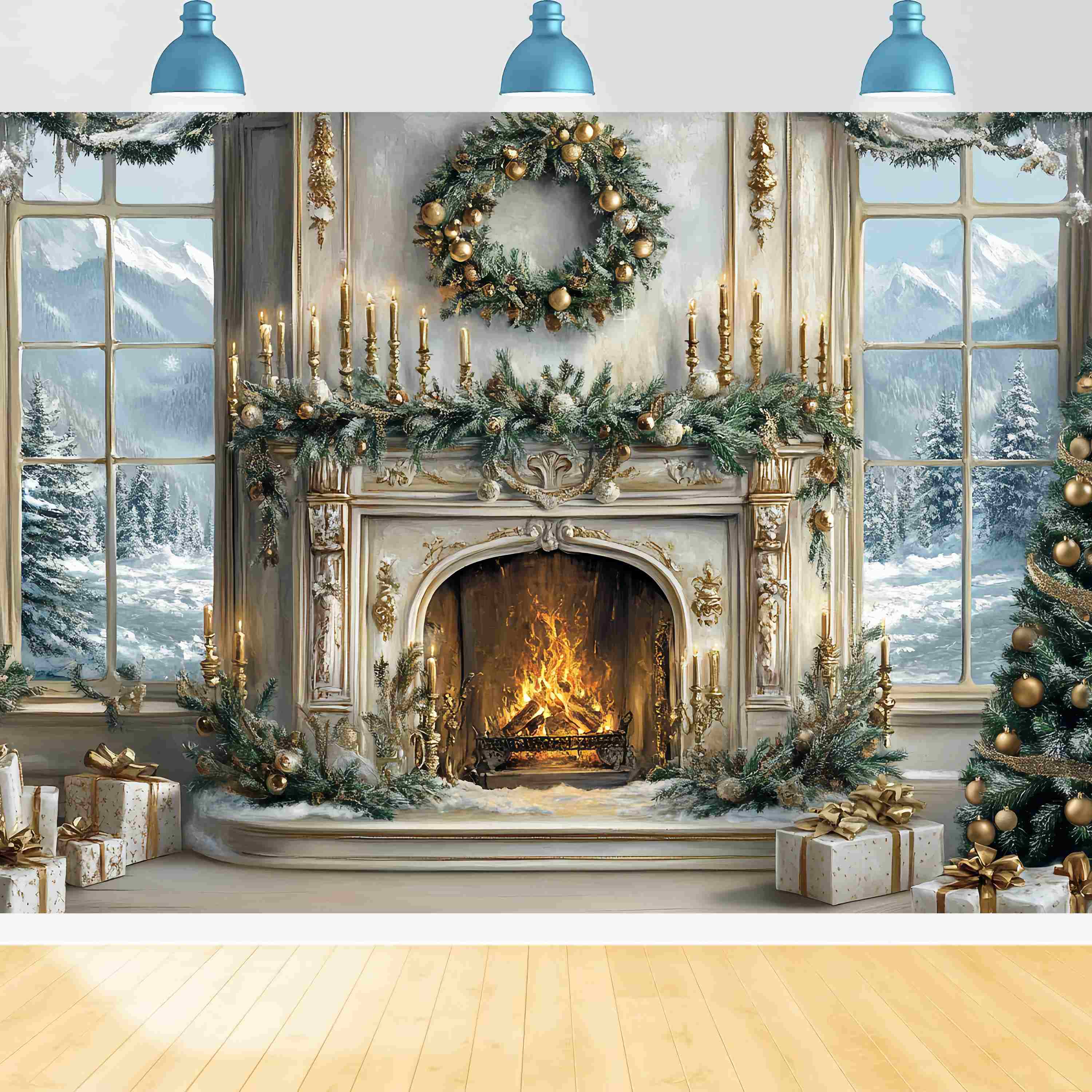 Toile de fond photo Noël Élégante Cheminée Blanche et Dorée Sapin TWW58-60