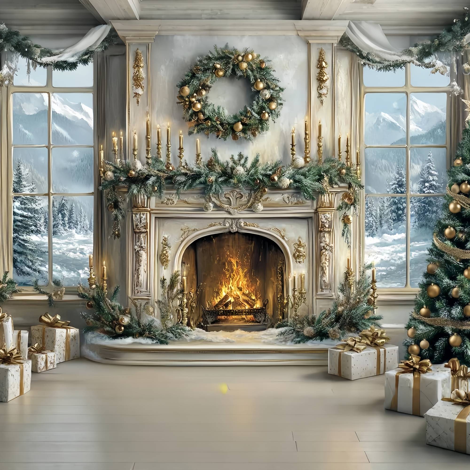 Toile de fond photo Noël Élégante Cheminée Blanche et Dorée Sapin TWW58-60
