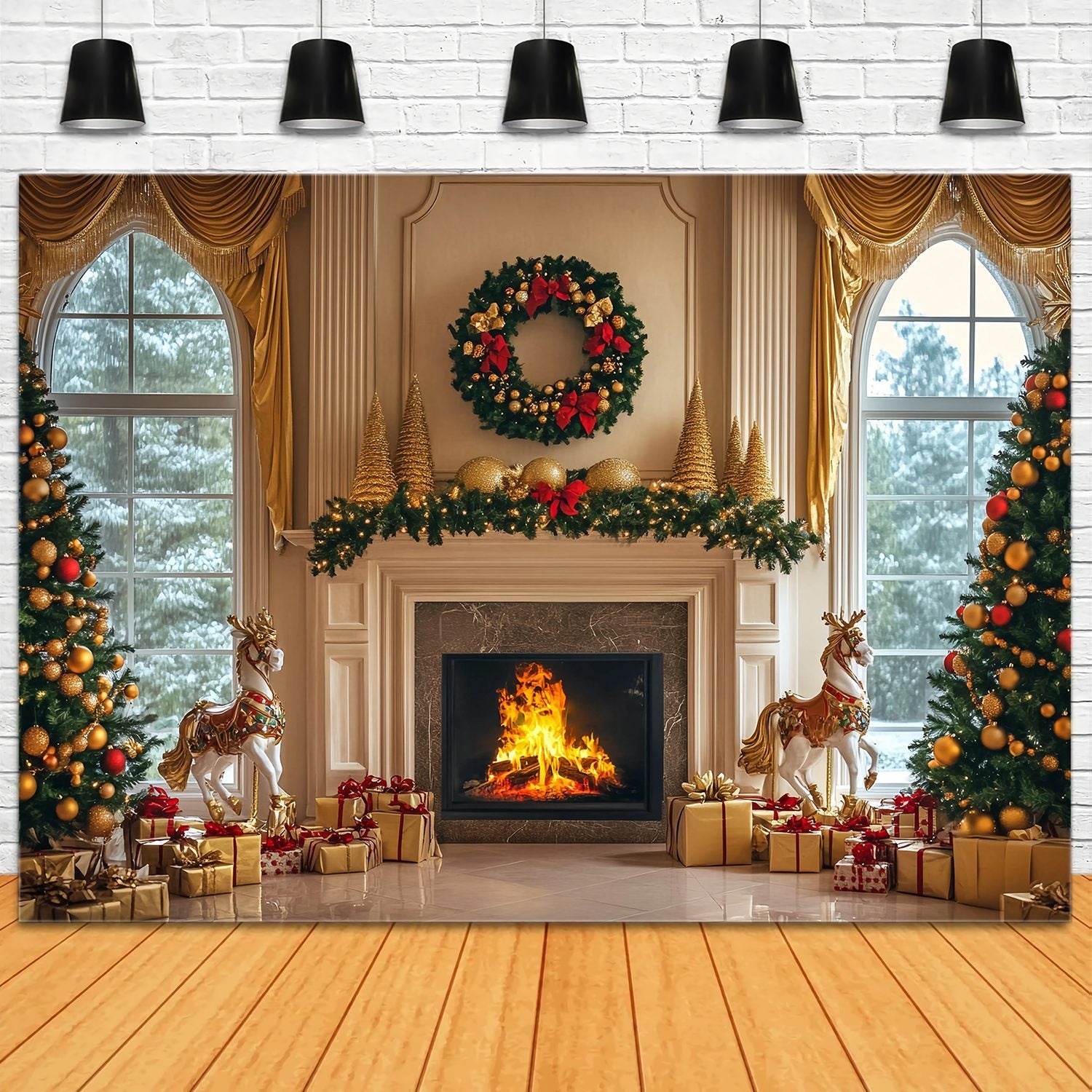 Toile de fond photo Noël Cheminée Dorée Couronne et Sapins Cadeaux TWW58-61