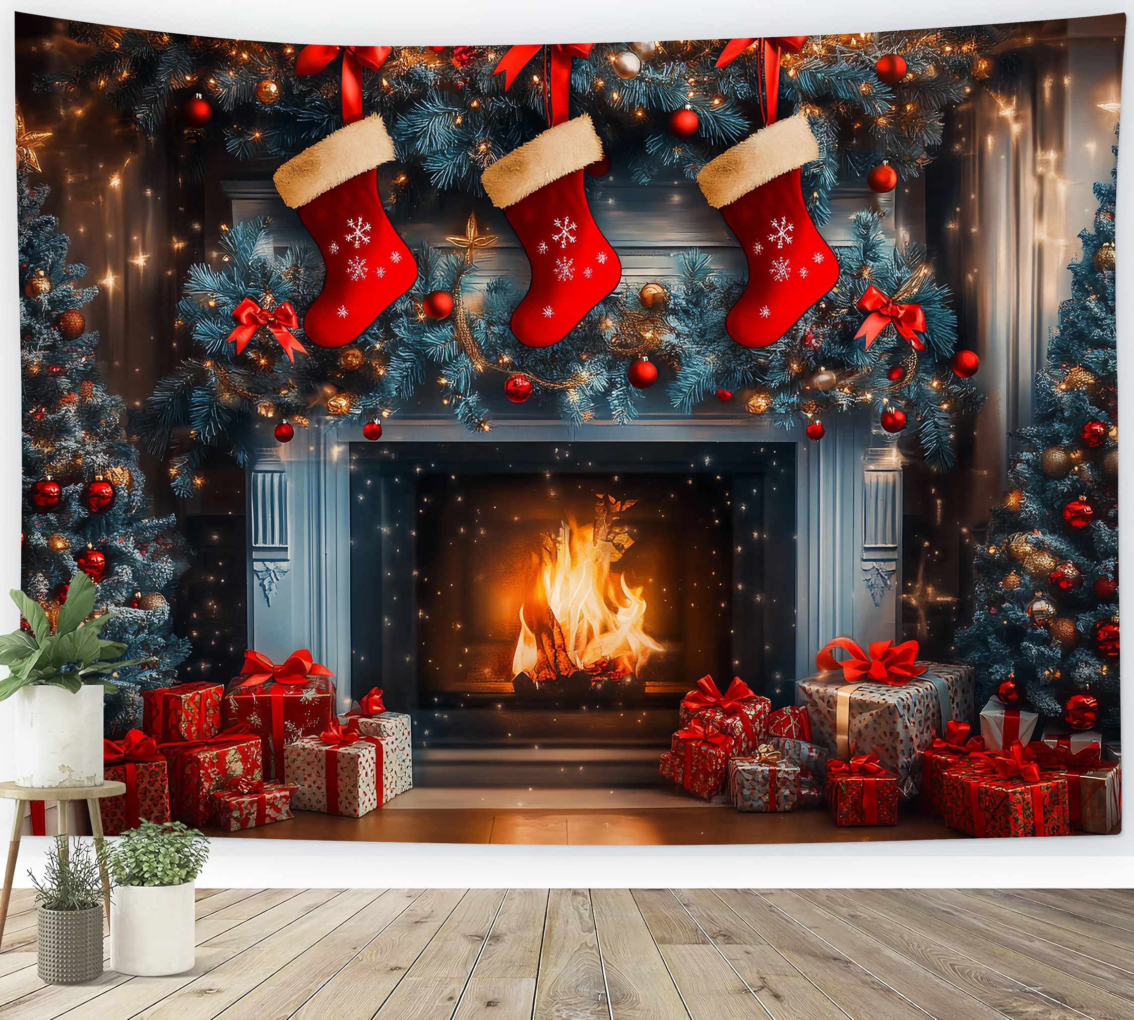 Toile de fond Noël Cheminée Guirlande CMaisonsettes Sapins de Pin Bleus TWW58-62