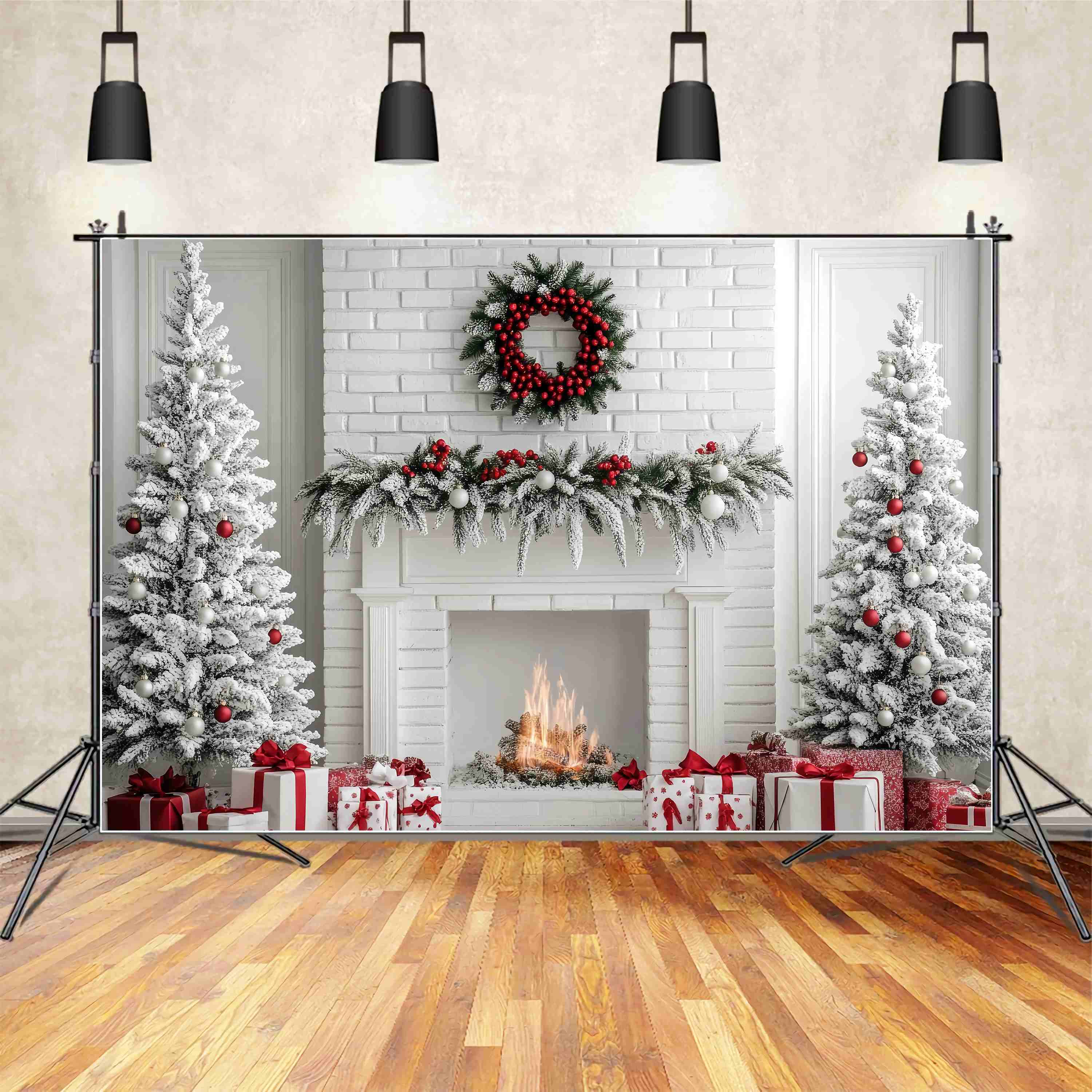 Toile de fond photo Noël Cheminée Brique Blanche Sapins Enneigés TWW58-63