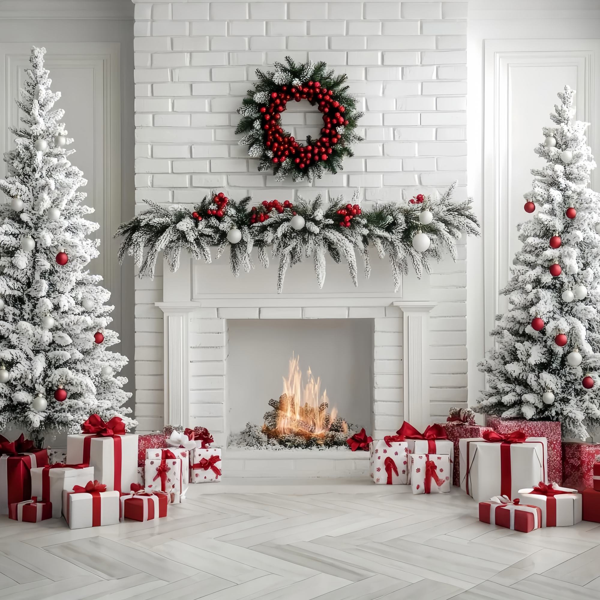 Toile de fond photo Noël Cheminée Brique Blanche Sapins Enneigés TWW58-63