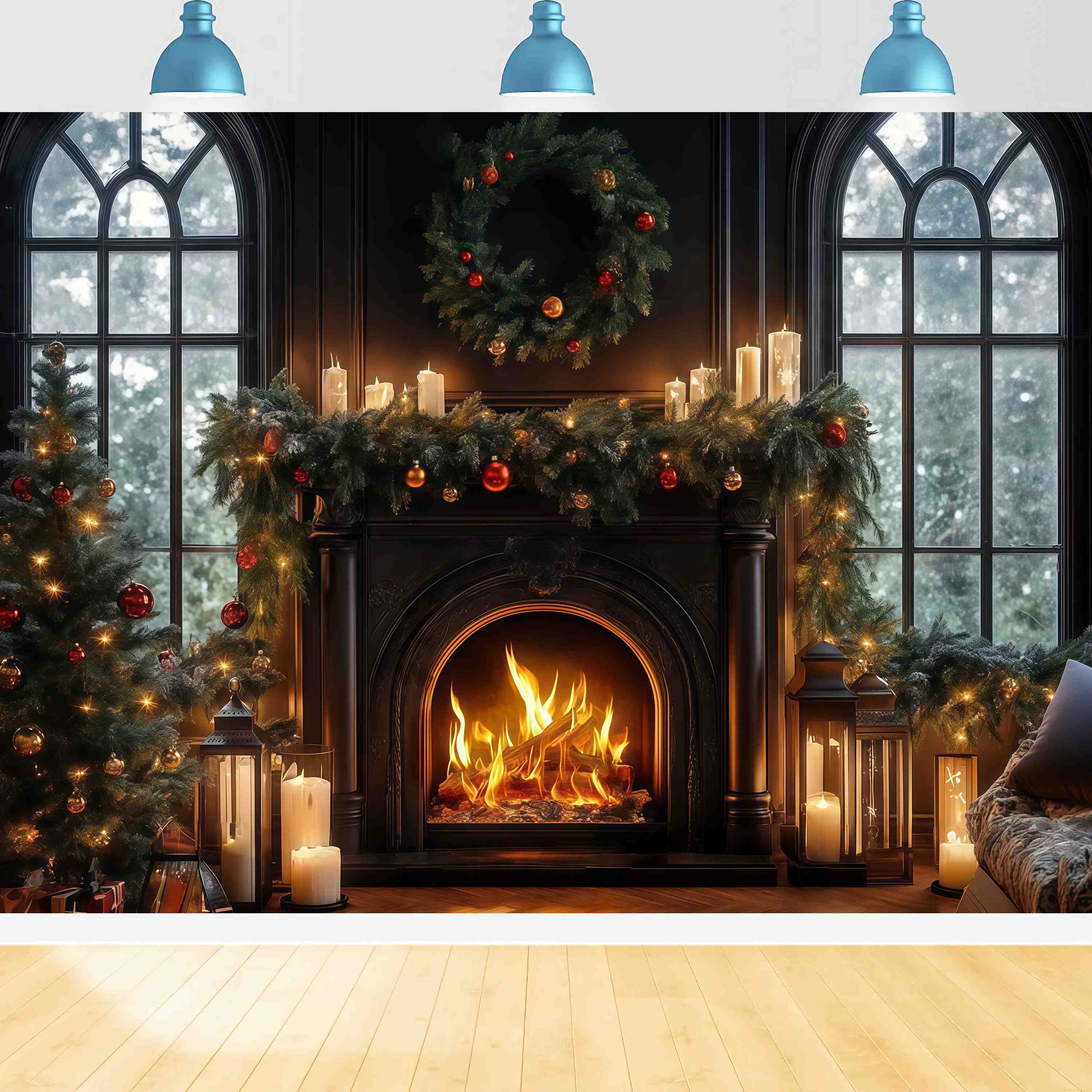 Toile de fond Noël Cheminée Noire Bougies Couronne TWW58-64