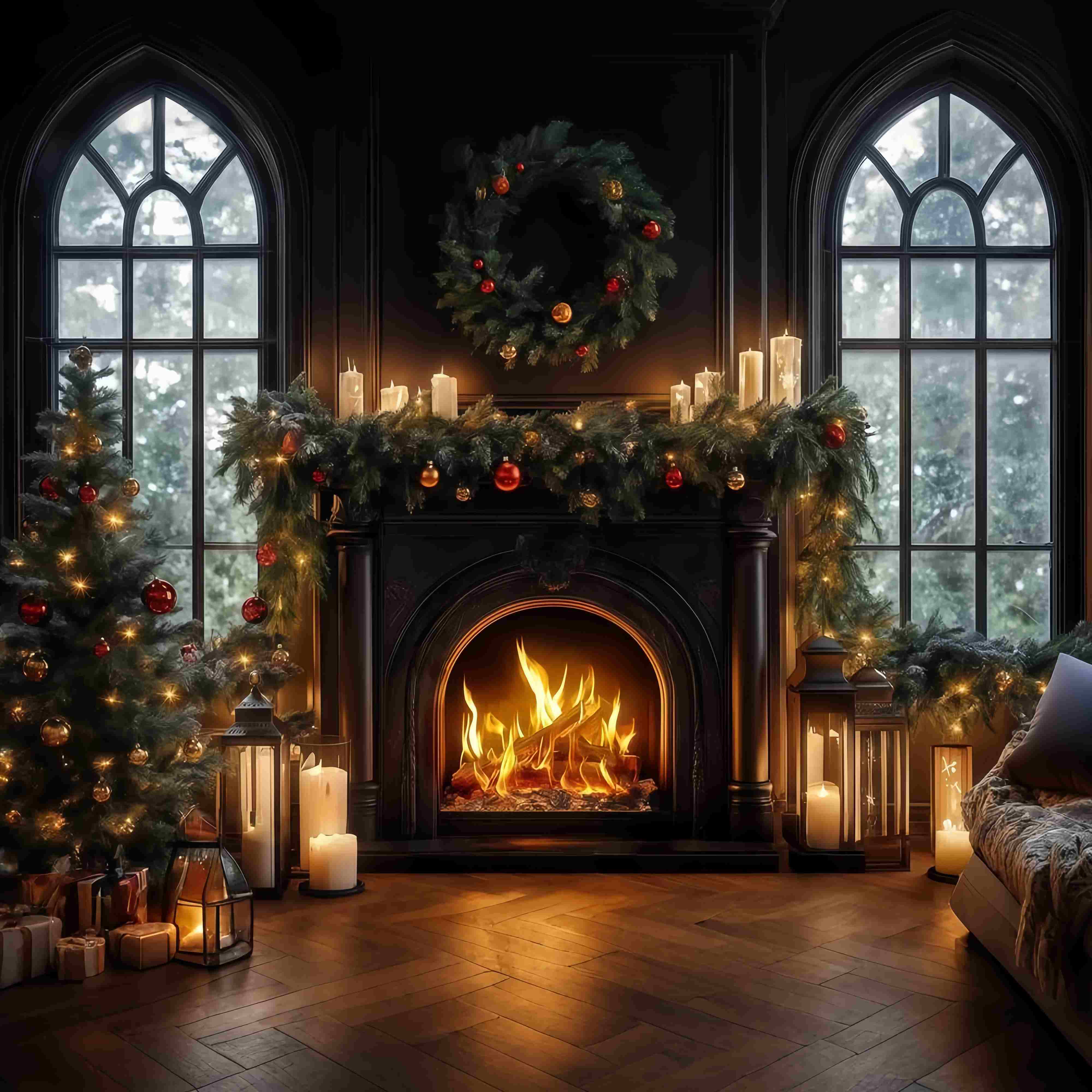 Toile de fond Noël Cheminée Noire Bougies Couronne TWW58-64
