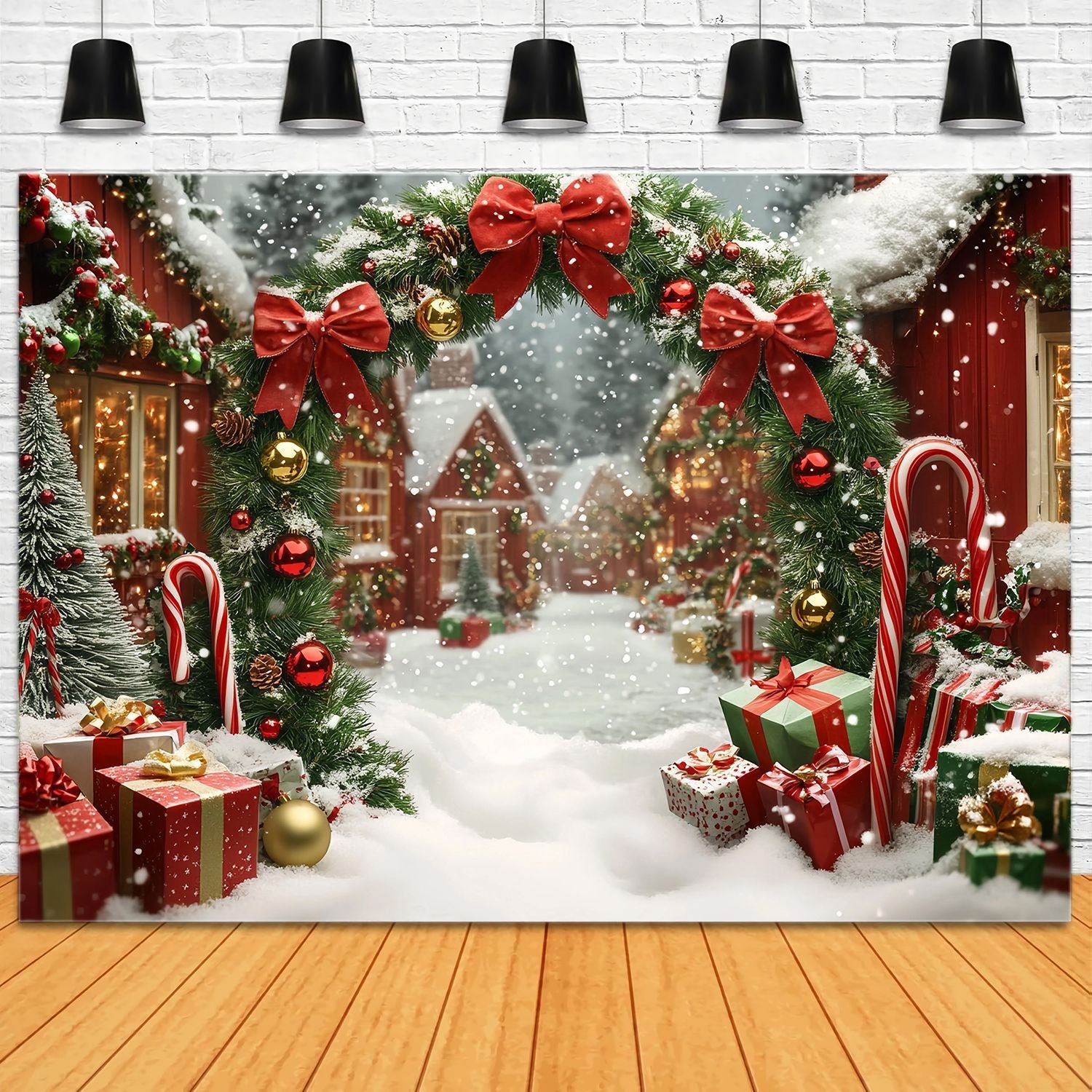 Toile de fond Noël Village Enneigé Arche Cadeaux et Guirlande TWW58-65