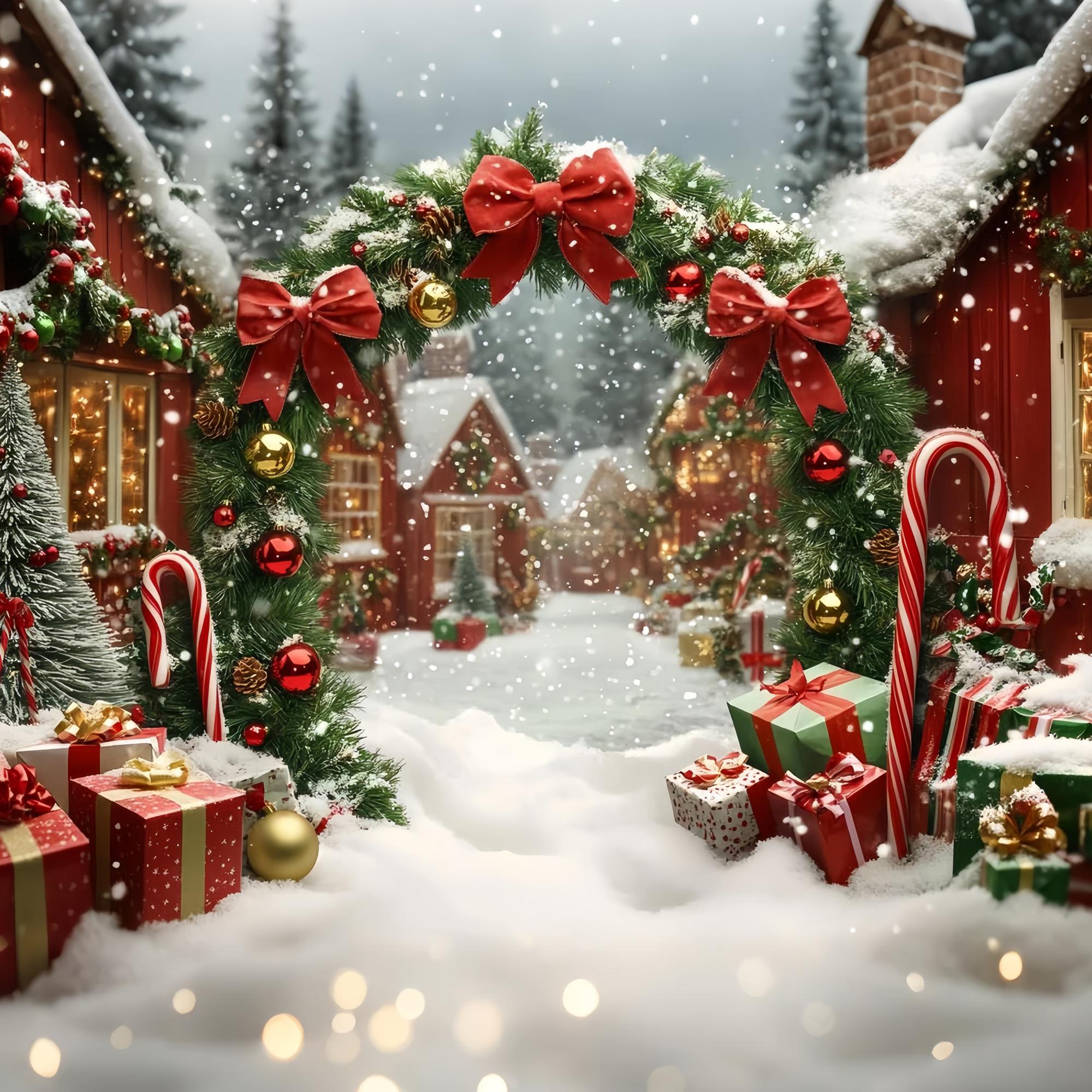 Toile de fond Noël Village Enneigé Arche Cadeaux et Guirlande TWW58-65