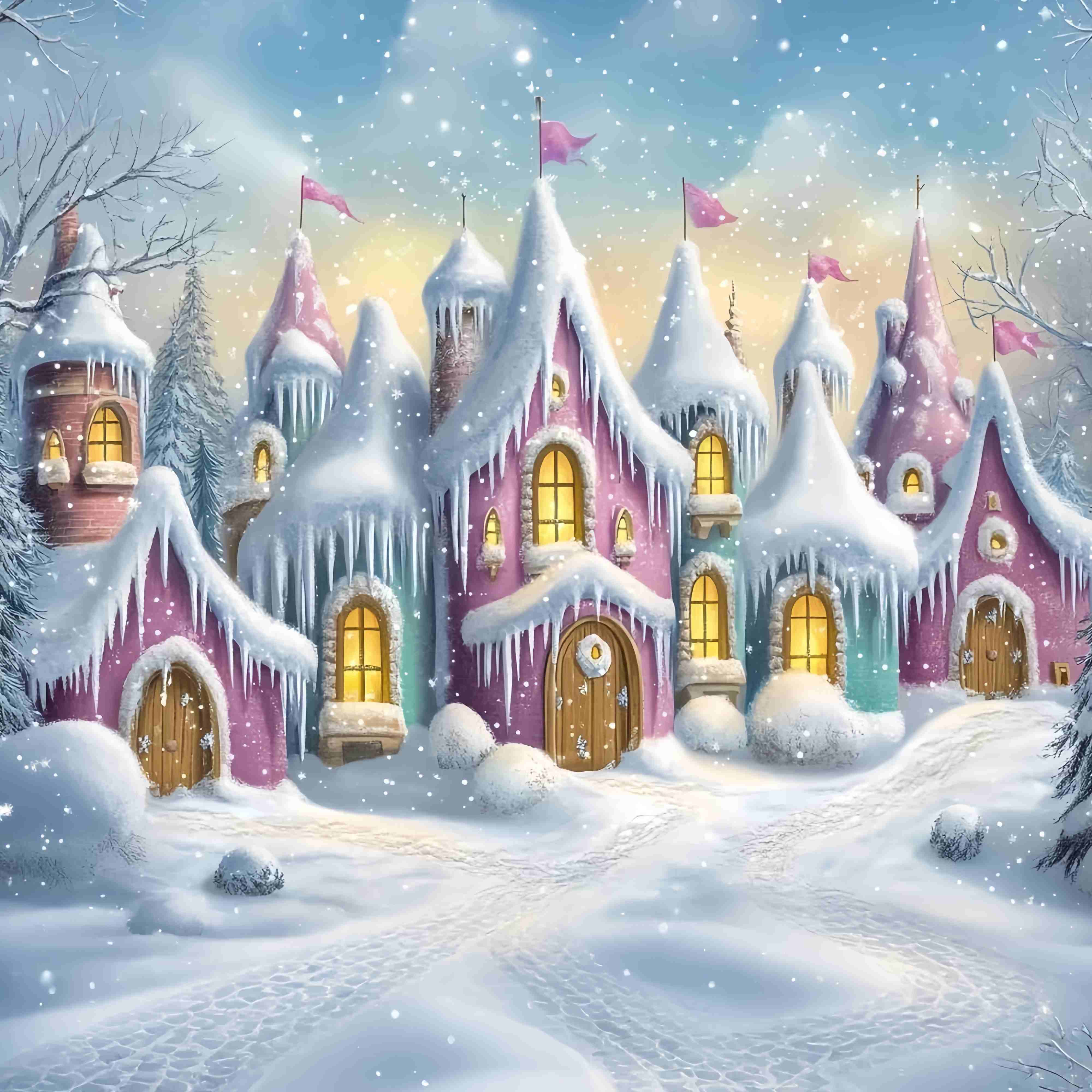 Toile de fond Noël Village Rangée de Maisons Glaçons Sucrés TWW58-66