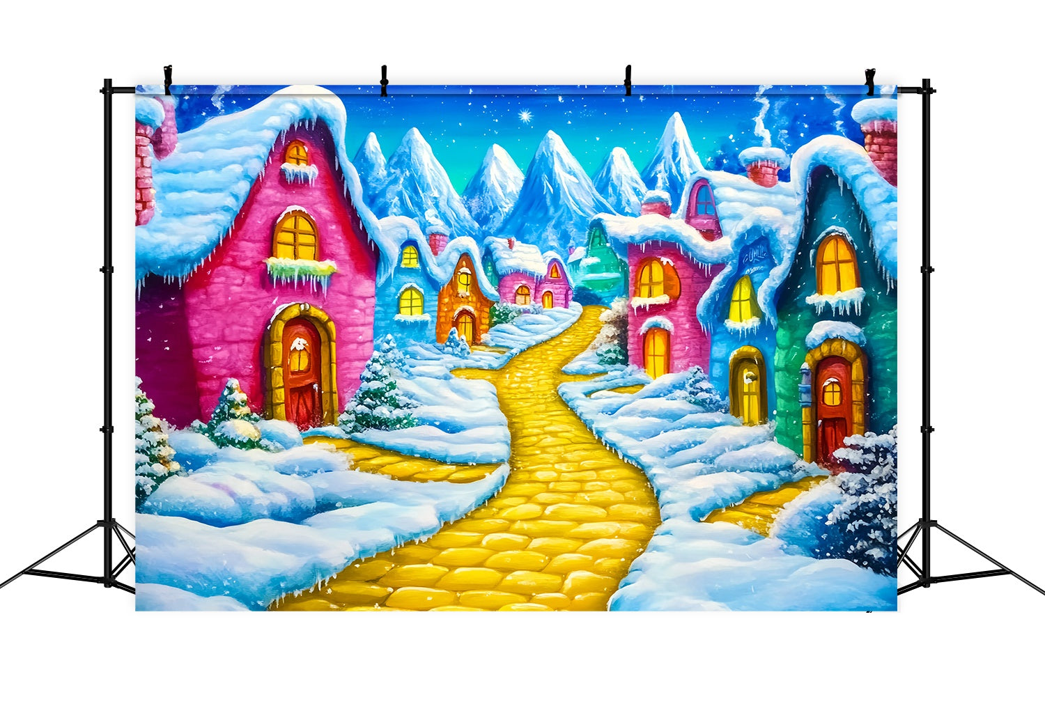 Toile de fond photo Noël Village Cottages Colorés Neige Chemin Doré TWW58-67