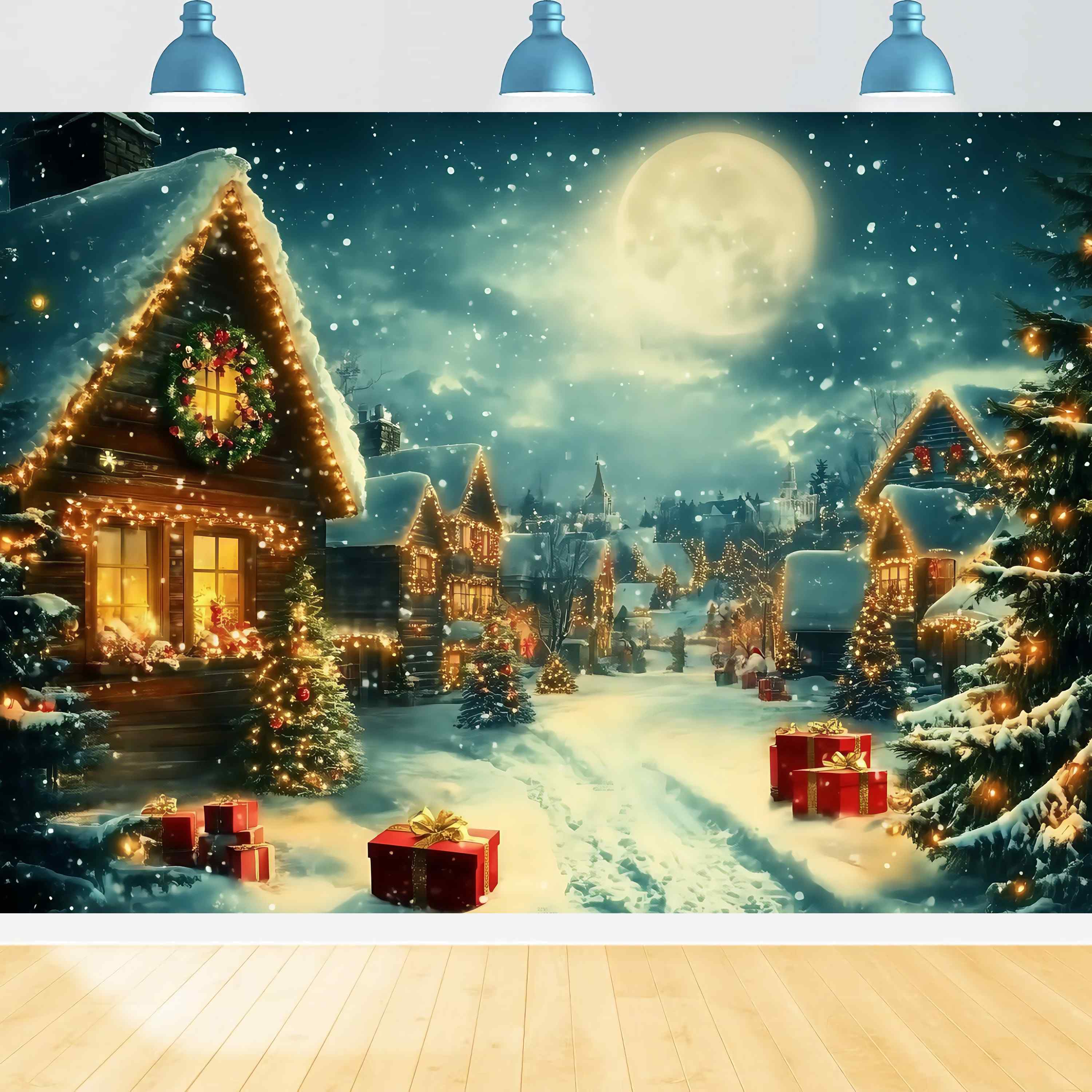 Toile de fond Noël Village Clair de Lune Neige Lumières Cadeaux TWW58-68