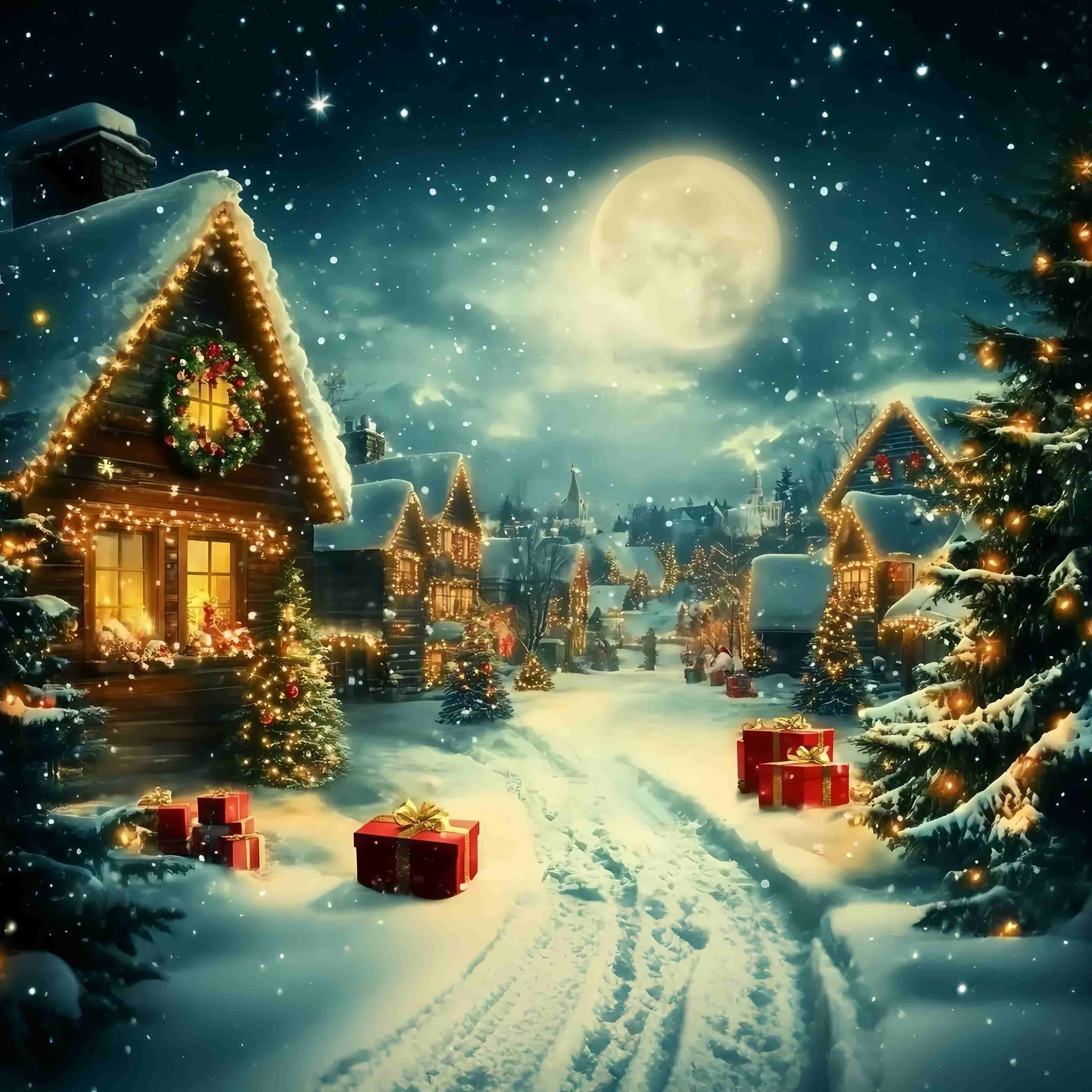 Toile de fond Noël Village Clair de Lune Neige Lumières Cadeaux TWW58-68