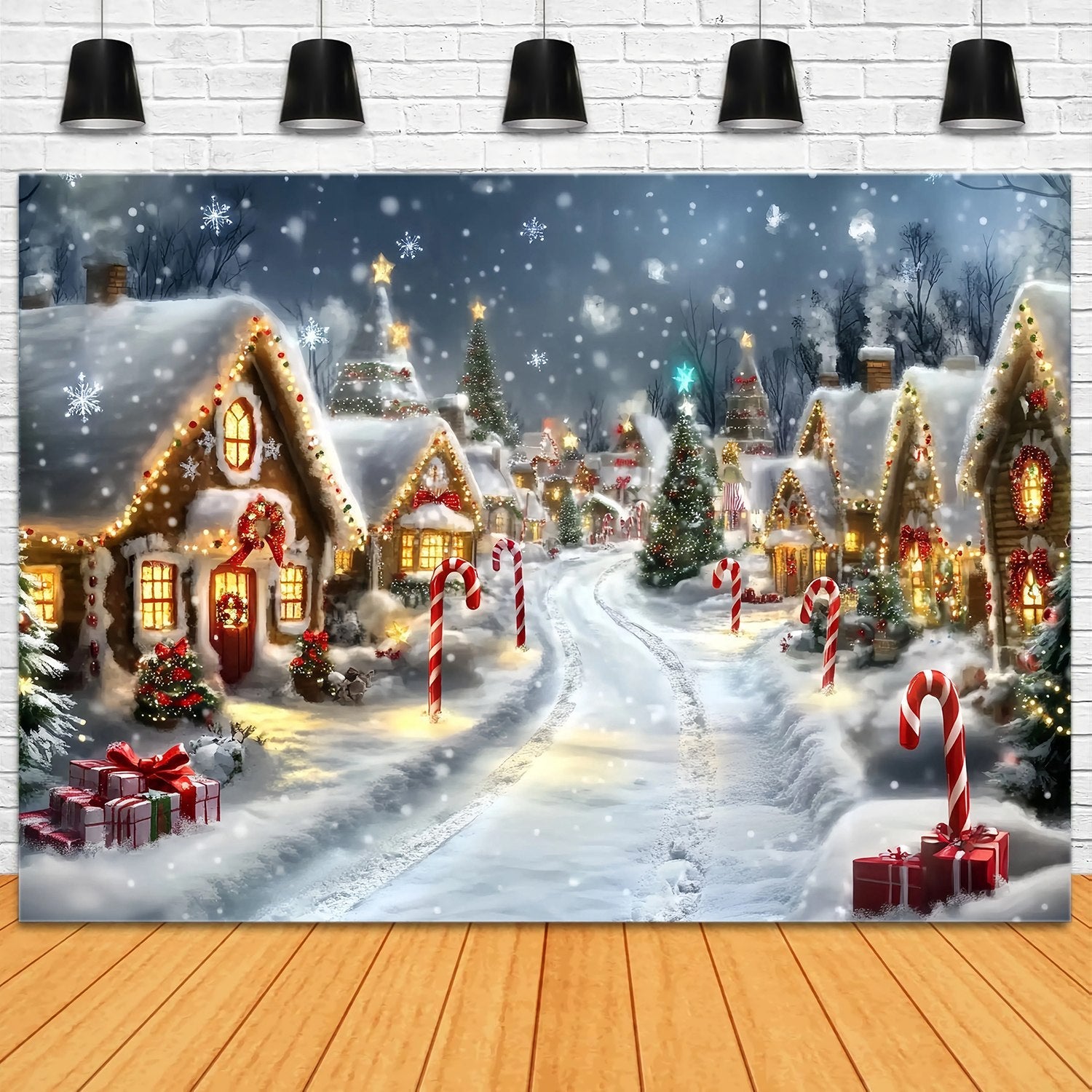 Toile de fond Noël Pays des Bonbons Maison Pain d’Épices Allée Sucrée Enneigée TWW58-69