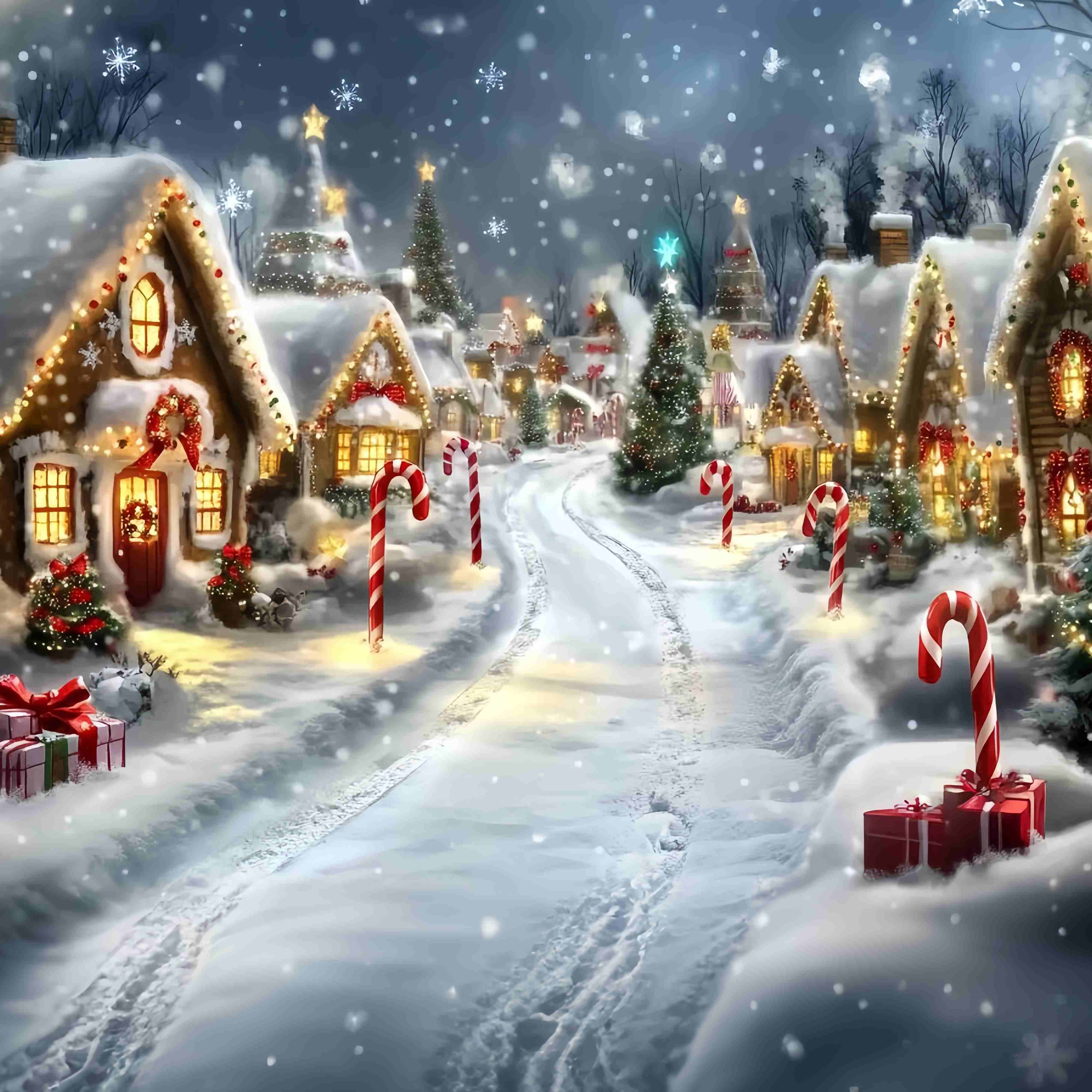 Toile de fond Noël Pays des Bonbons Maison Pain d’Épices Allée Sucrée Enneigée TWW58-69