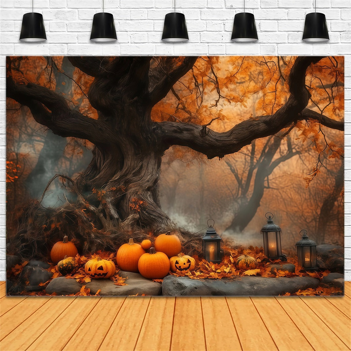 Toile Photo Halloween Champ De Citrouilles Sous Ancien Arbre D’Automne TWW58-7