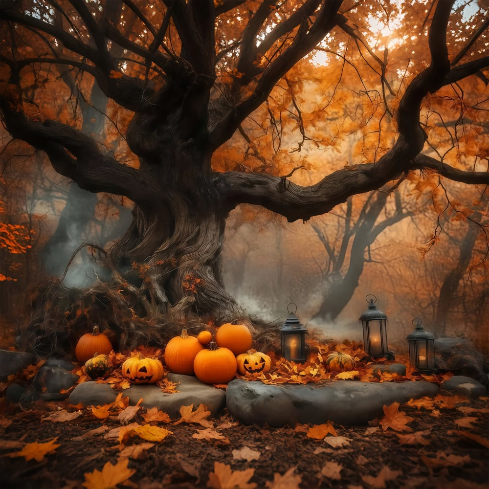 Toile Photo Halloween Champ De Citrouilles Sous Ancien Arbre D’Automne TWW58-7