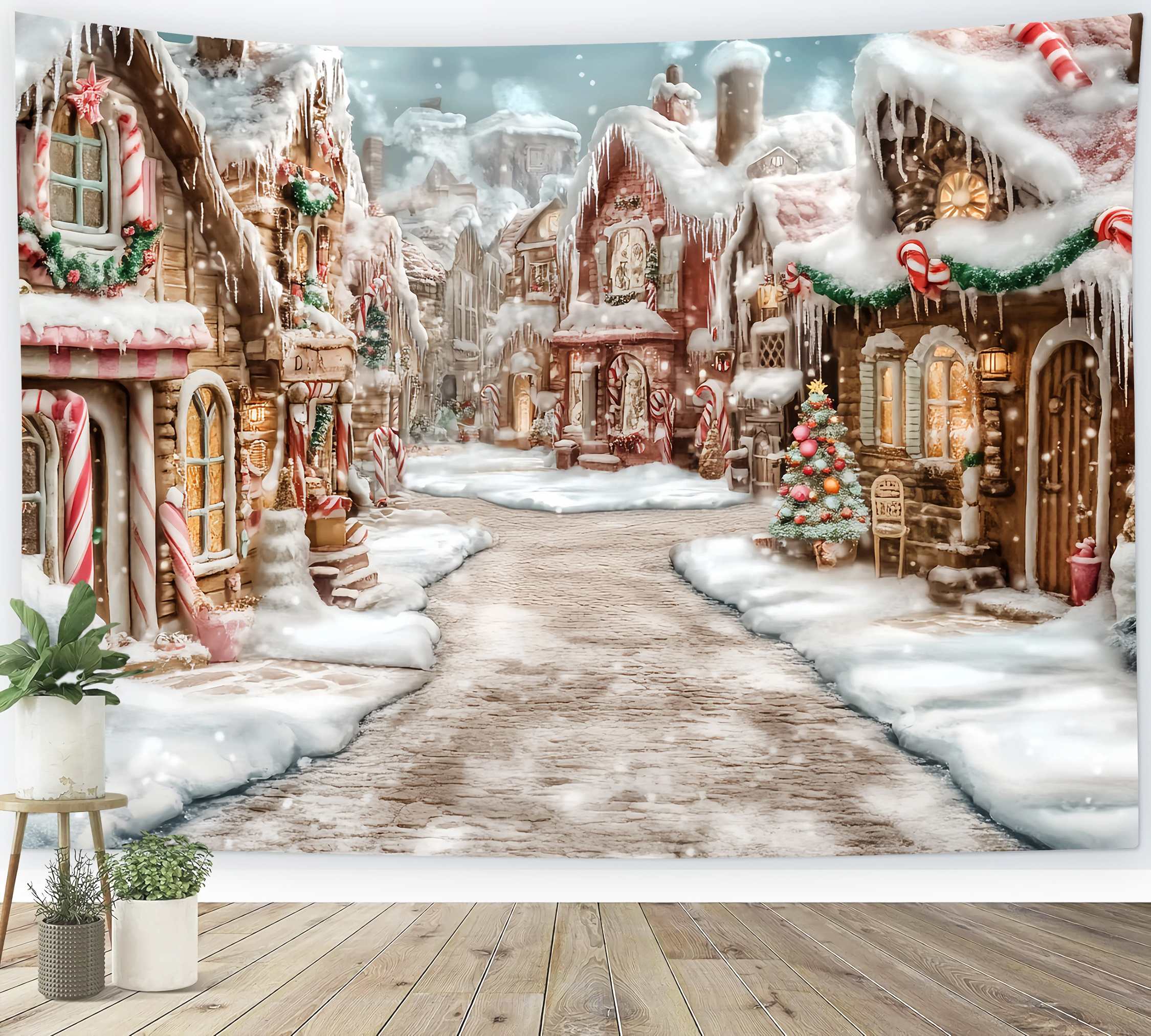 Toile de fond photo Noël Pays des Bonbons Village Pain d’Épices givré Allée Sucrée TWW58-70