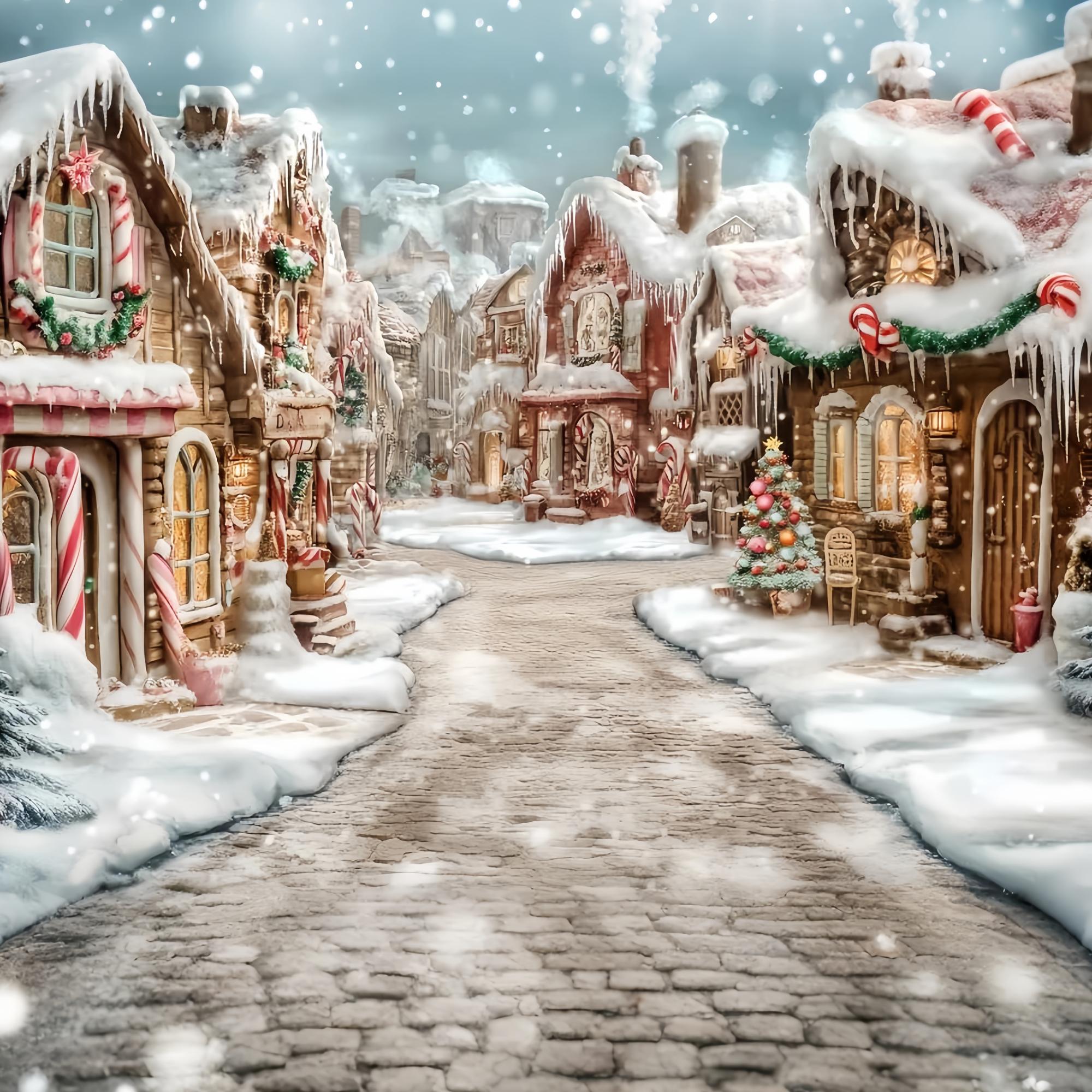 Toile de fond photo Noël Pays des Bonbons Village Pain d’Épices givré Allée Sucrée TWW58-70