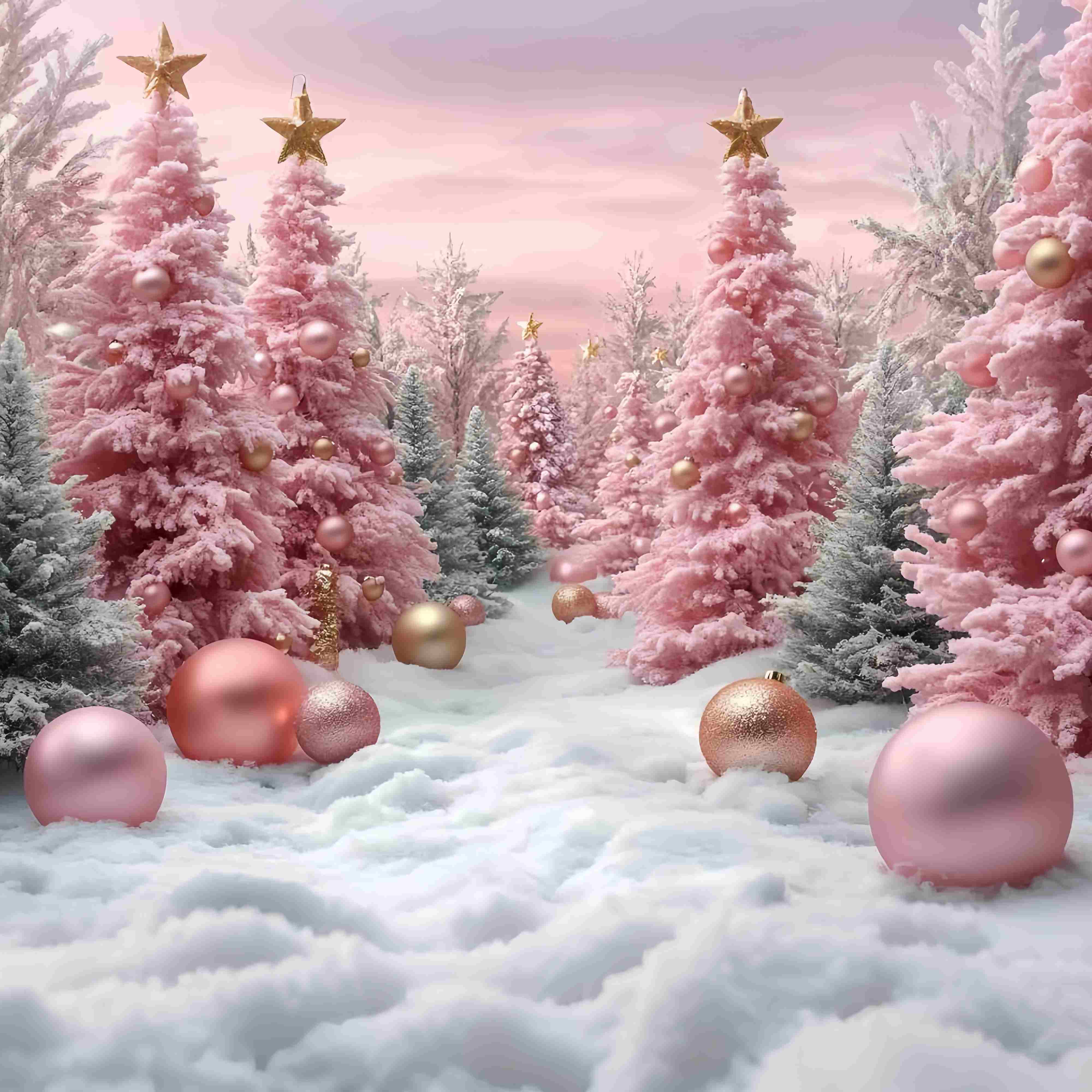 Toile de fond Noël Sapins Roses Enneigés Décor Boules TWW58-71