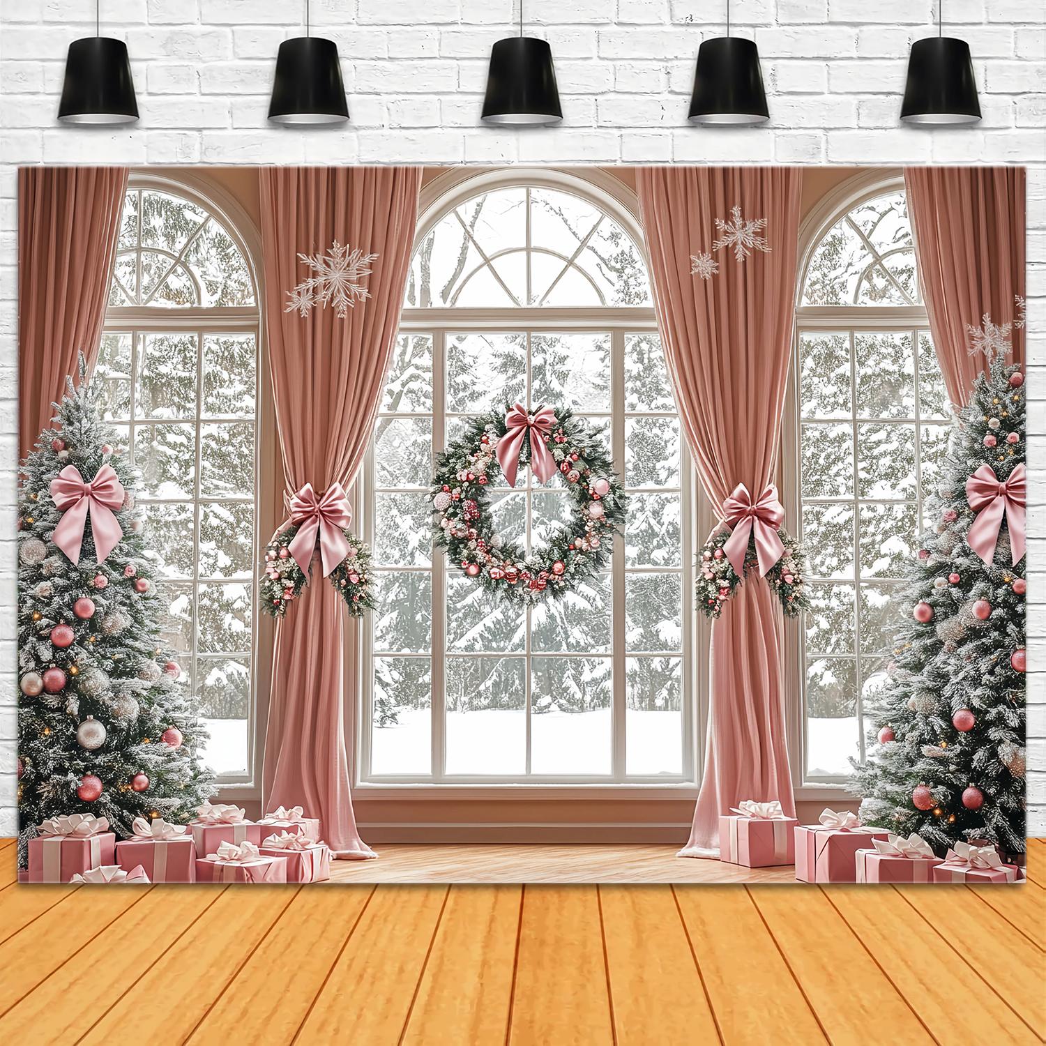 Toile de fond photo Noël Rideau Rose Élégant Pays des Merveilles Hivernal TWW58-73