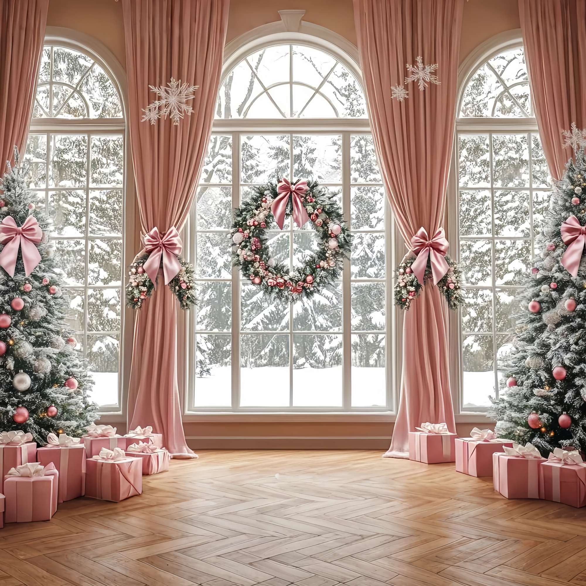 Toile de fond photo Noël Rideau Rose Élégant Pays des Merveilles Hivernal TWW58-73
