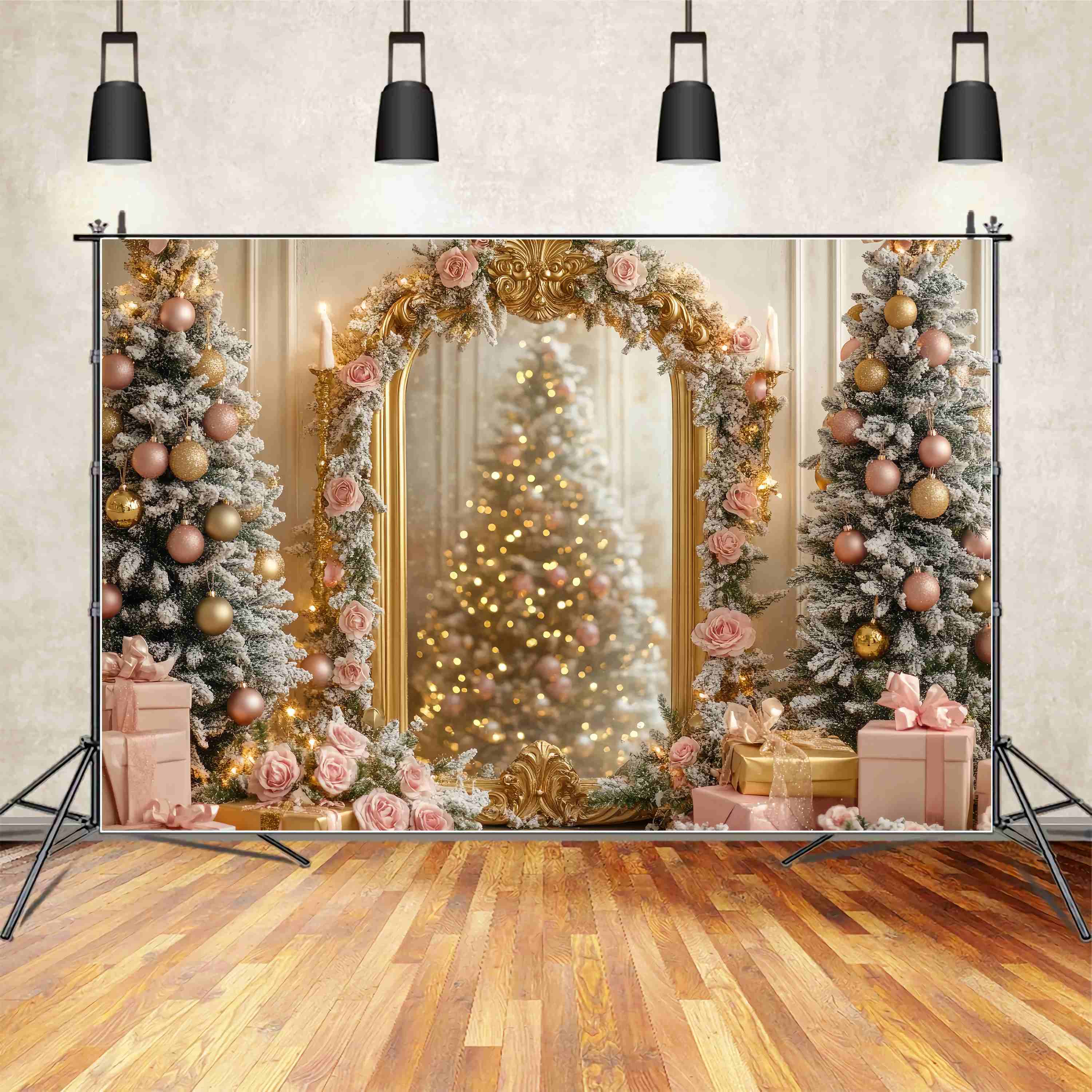 Toile de fond Noël Sapin Rose Miroir Doré Éclat Rosé TWW58-75