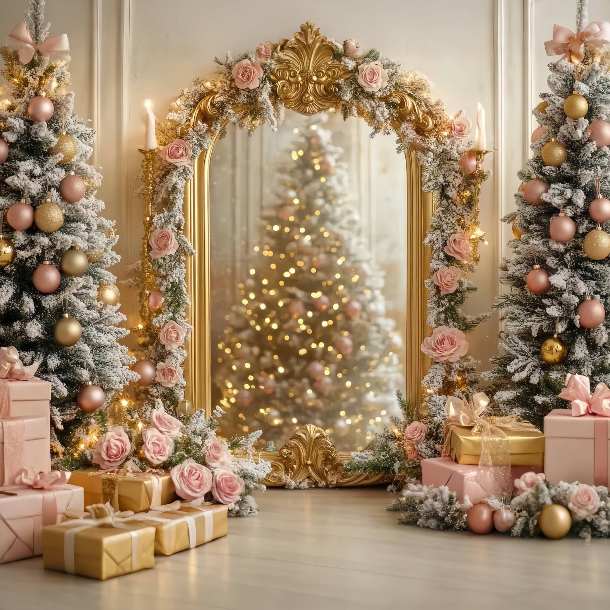 Toile de fond Noël Sapin Rose Miroir Doré Éclat Rosé TWW58-75