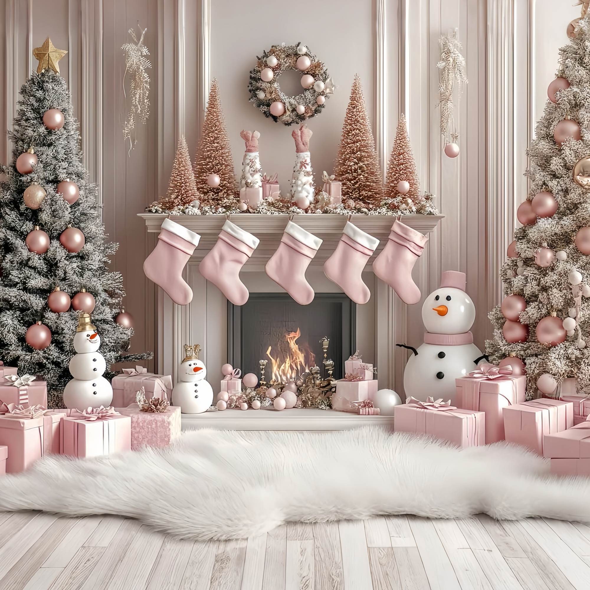 Toile de fond Noël Bonhomme de Neige Rose Cheminée Pays des Merveilles TWW58-77