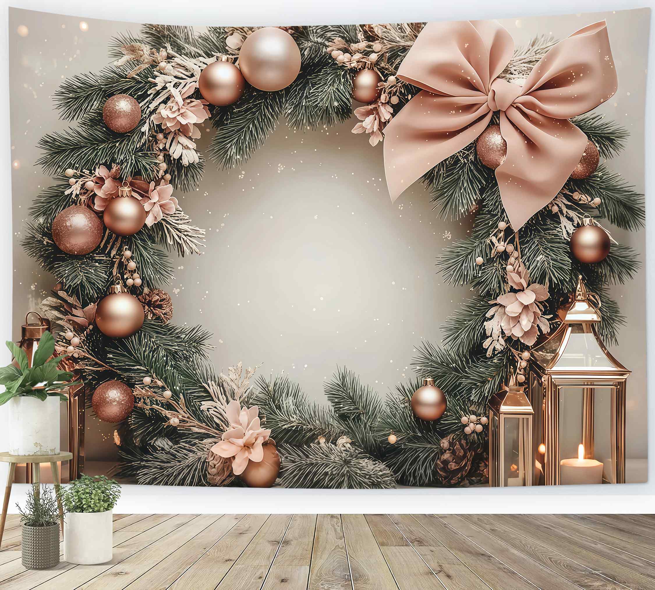 Toile de fond Noël Couronne de Pin et Boules Roses Lanterne Lumineuse TWW58-78