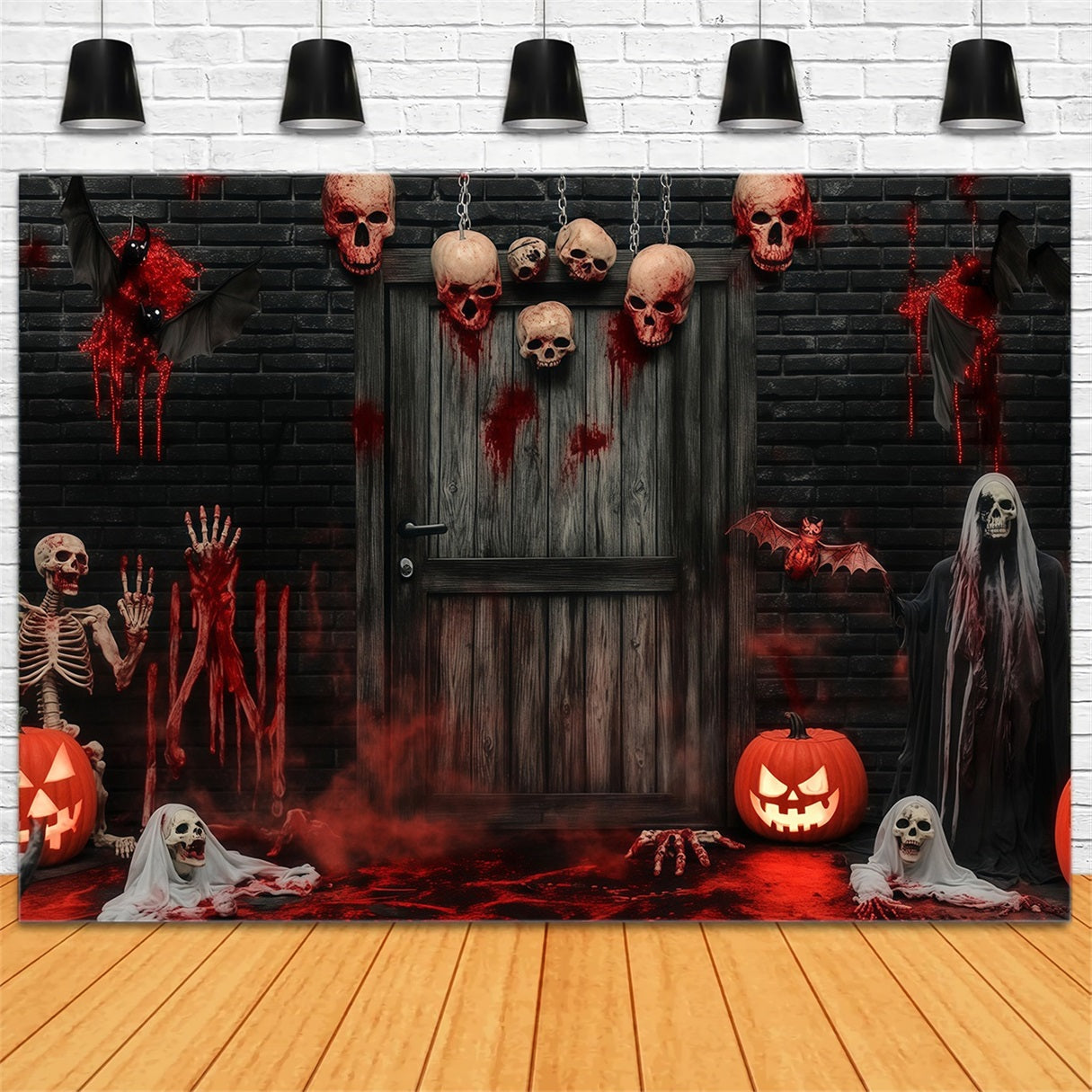 Fond Photo Halloween Porte De Garage Crânes Sanglants Et Squelettes À La Porte Hantée TWW58-8