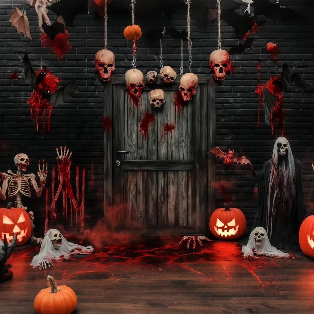 Fond Photo Halloween Porte De Garage Crânes Sanglants Et Squelettes À La Porte Hantée TWW58-8