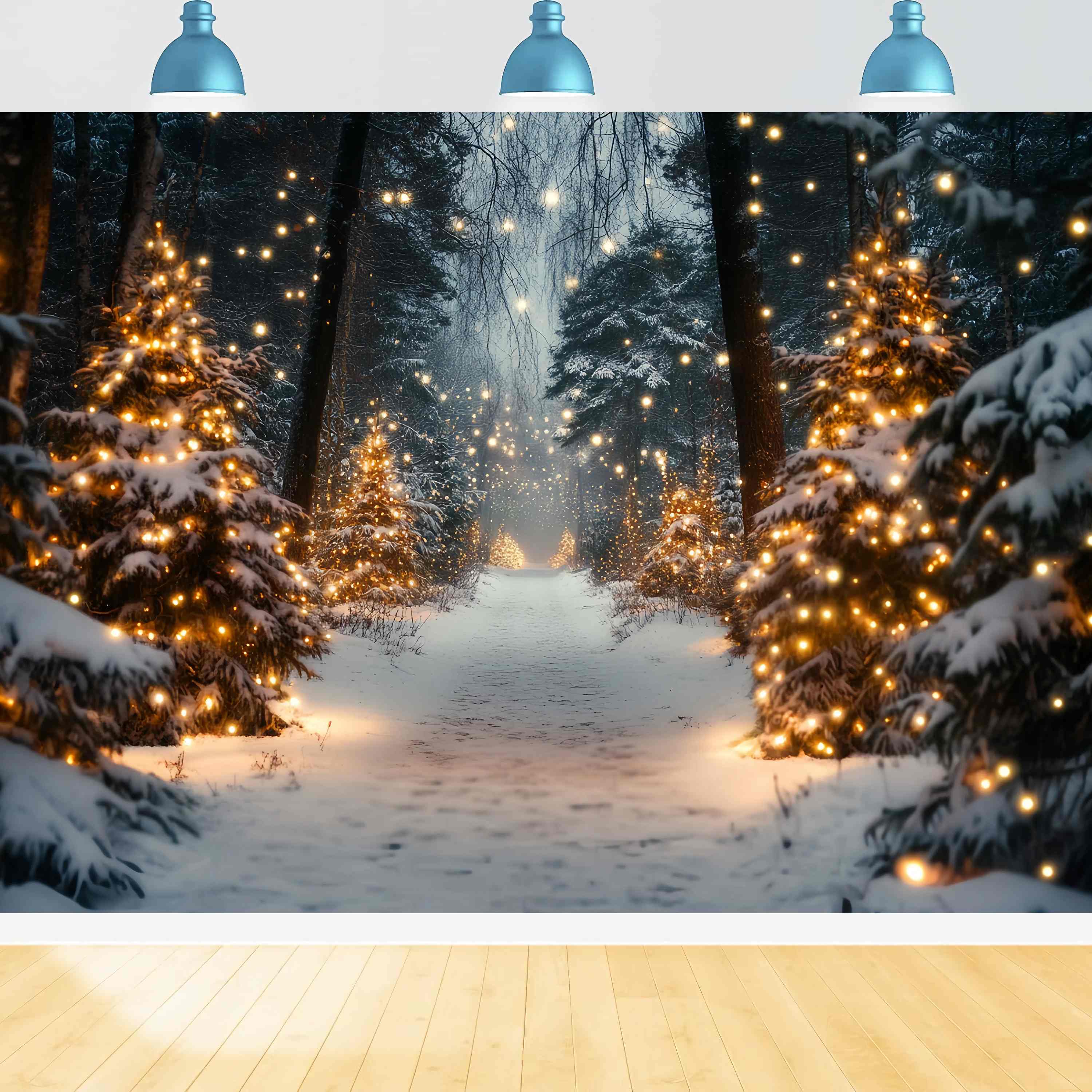 Toile de fond photo Noël Ferme de Sapins Sentier Enneigé Lumière Dorée TWW58-80