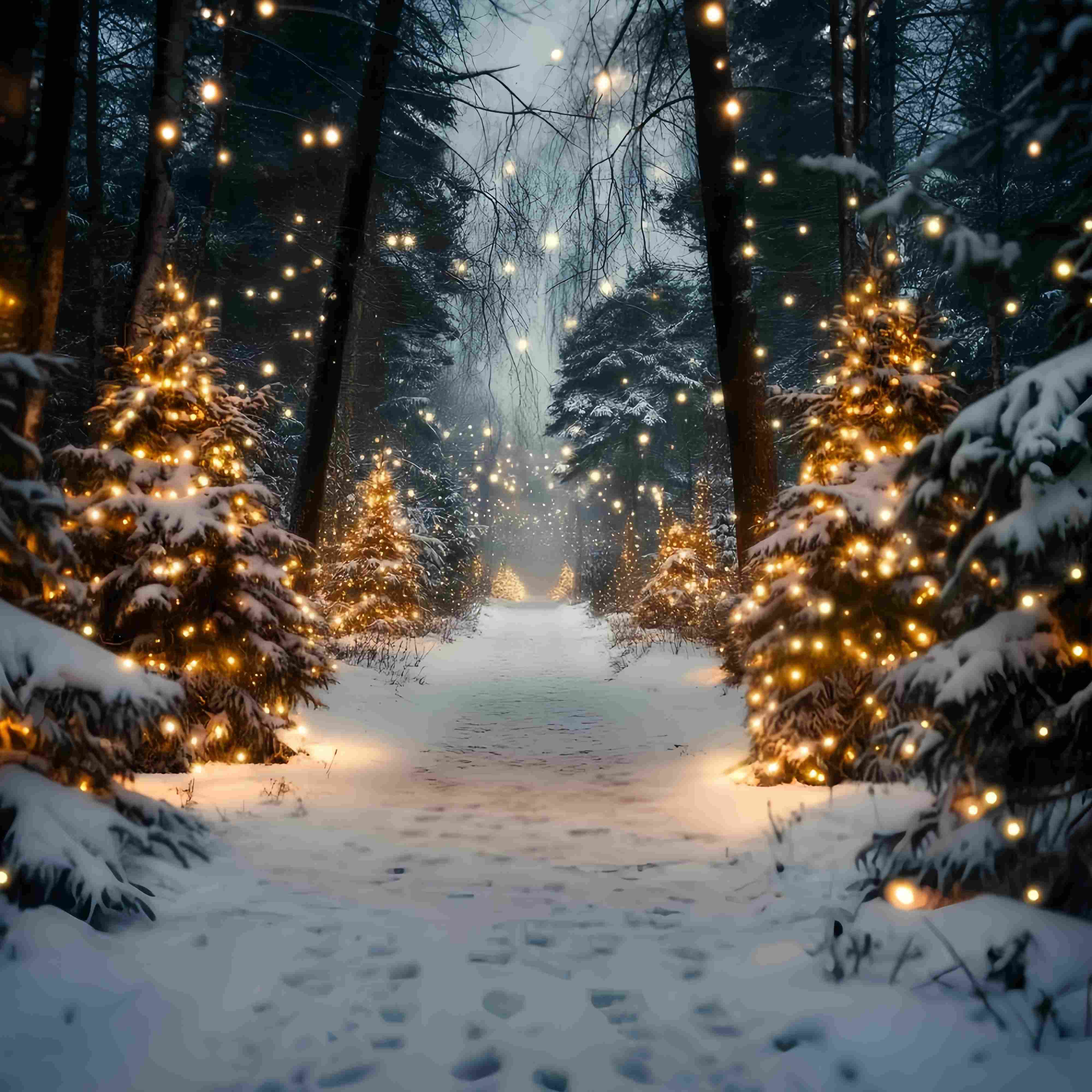 Toile de fond photo Noël Ferme de Sapins Sentier Enneigé Lumière Dorée TWW58-80