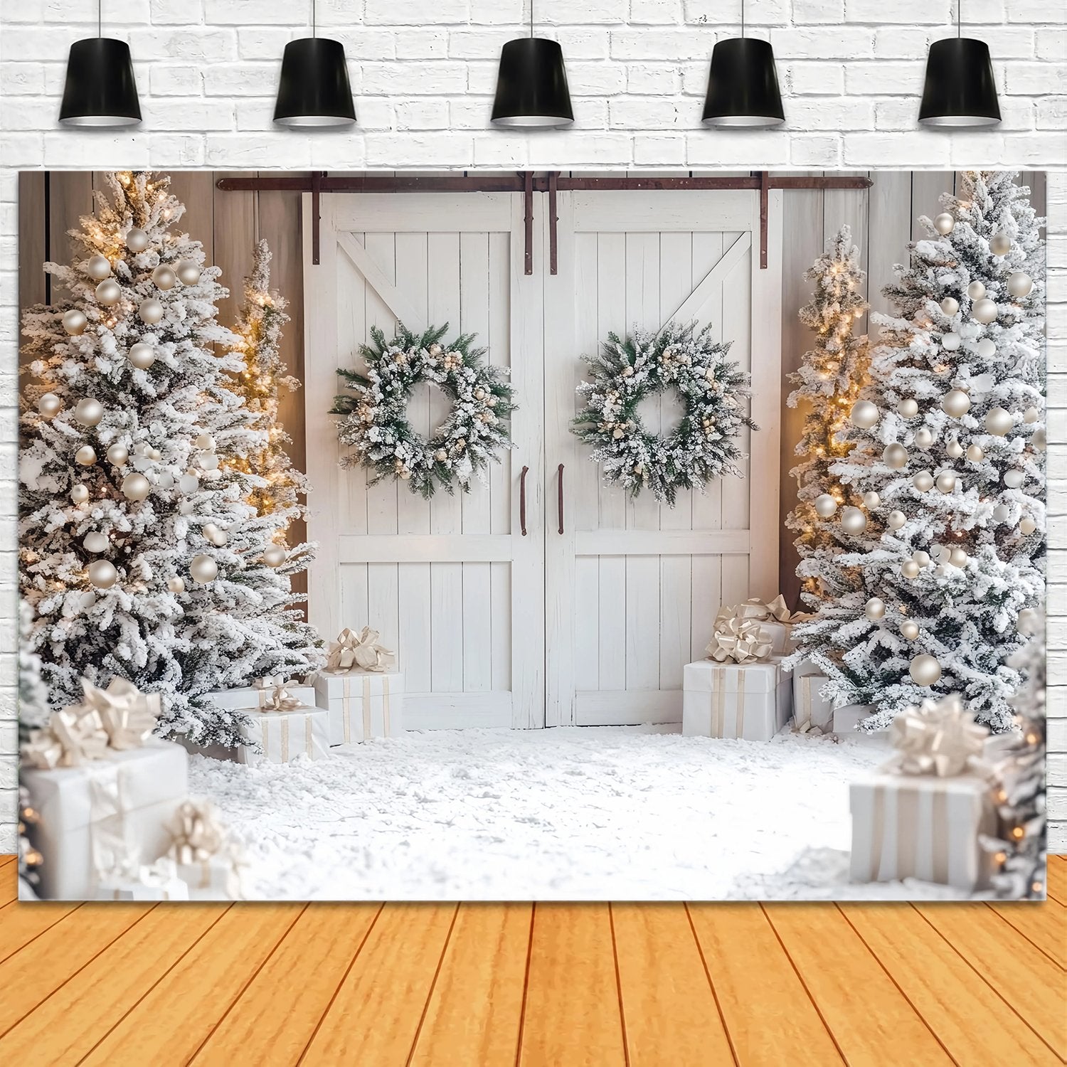 Toile de fond photo Noël Grange Blanche Couronnes Sapins Enneigés TWW58-81