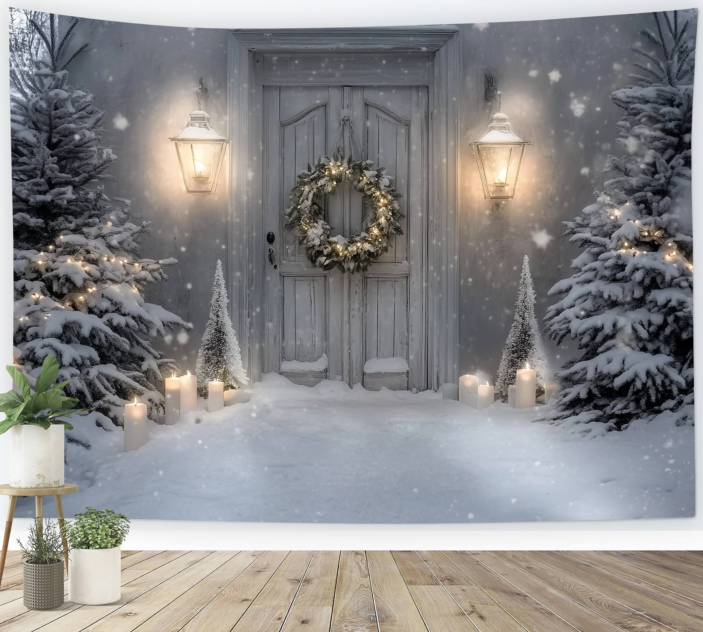 Toile de fond photo Noël Porche Enneigé Lanterne Lumière de Bougie TWW58-82