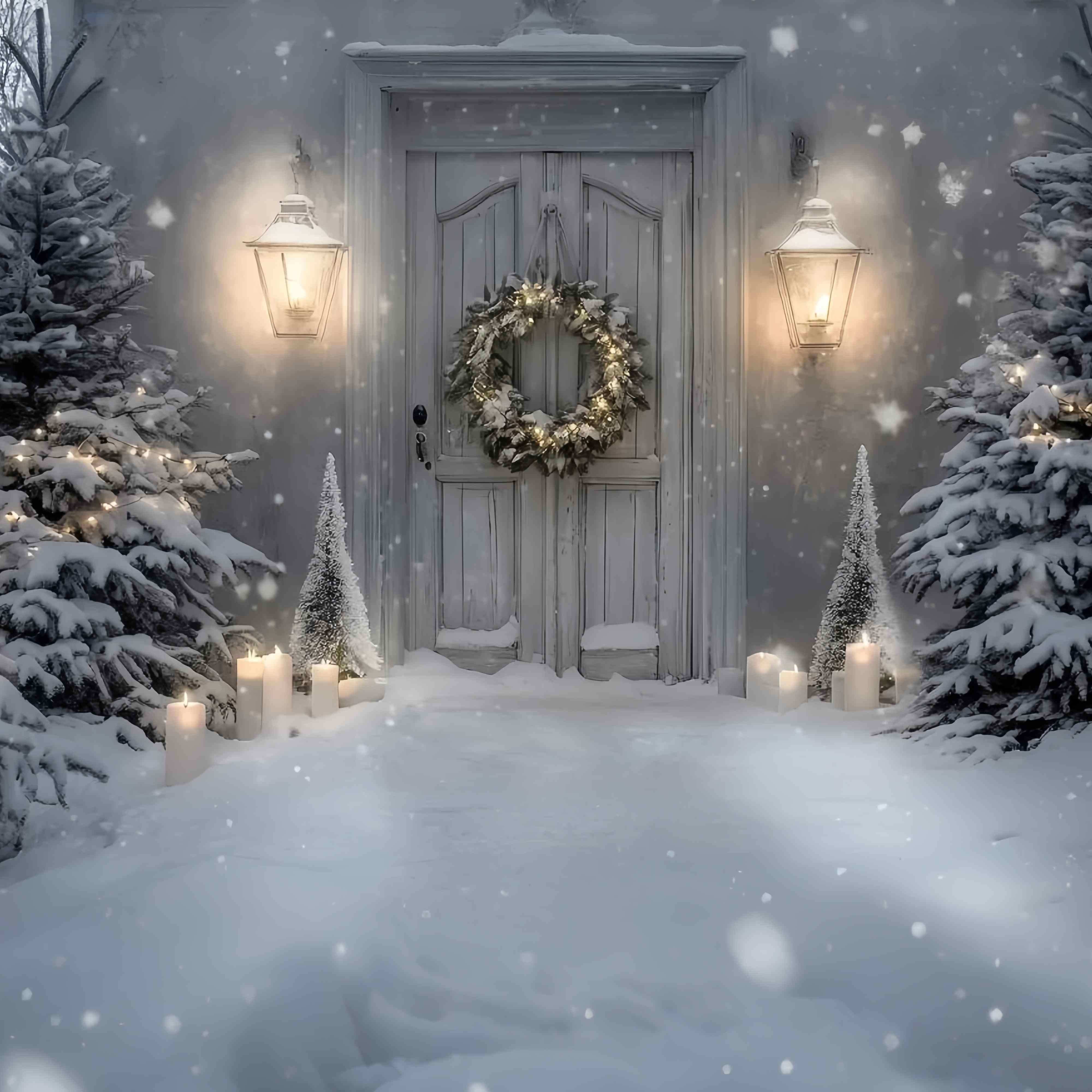 Toile de fond photo Noël Porche Enneigé Lanterne Lumière de Bougie TWW58-82