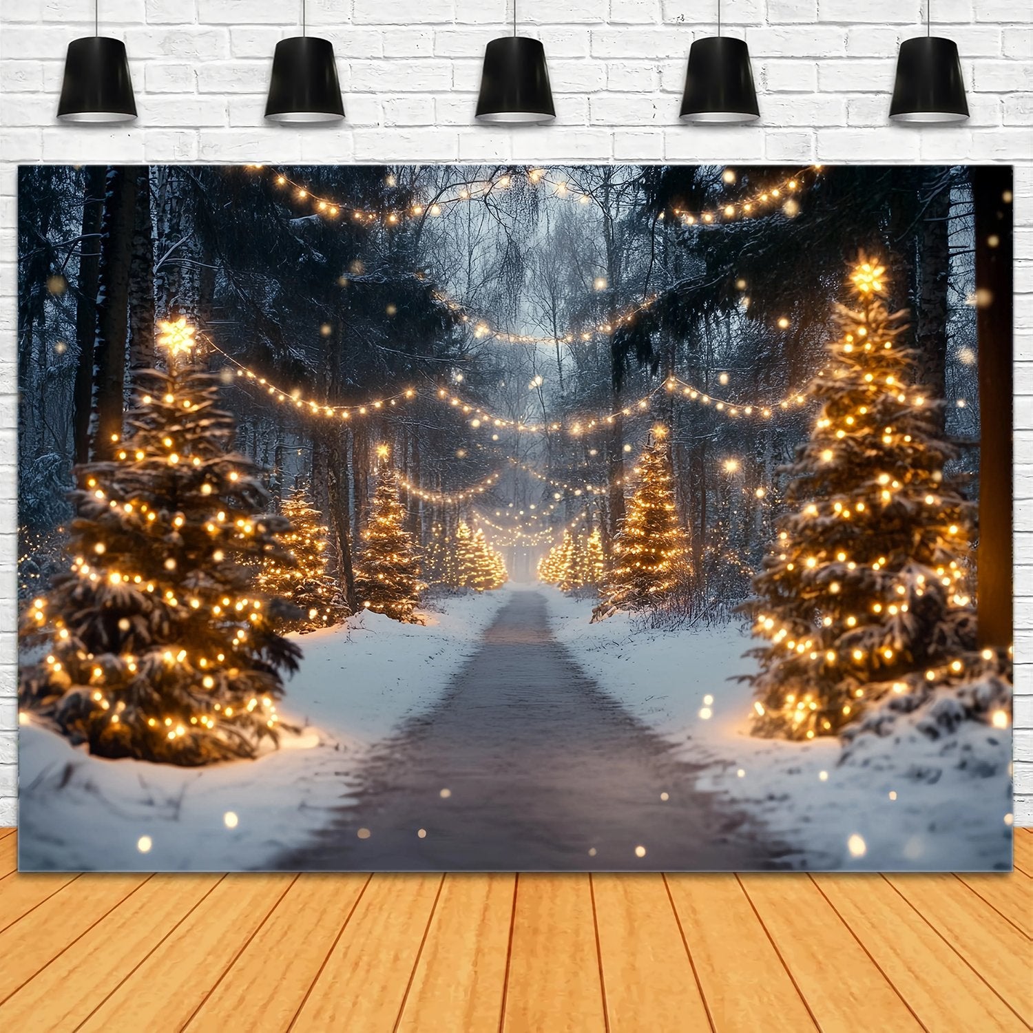 Toile de fond photo Noël Ferme de Sapins Sentier Enneigé Lumières Dorées TWW58-89