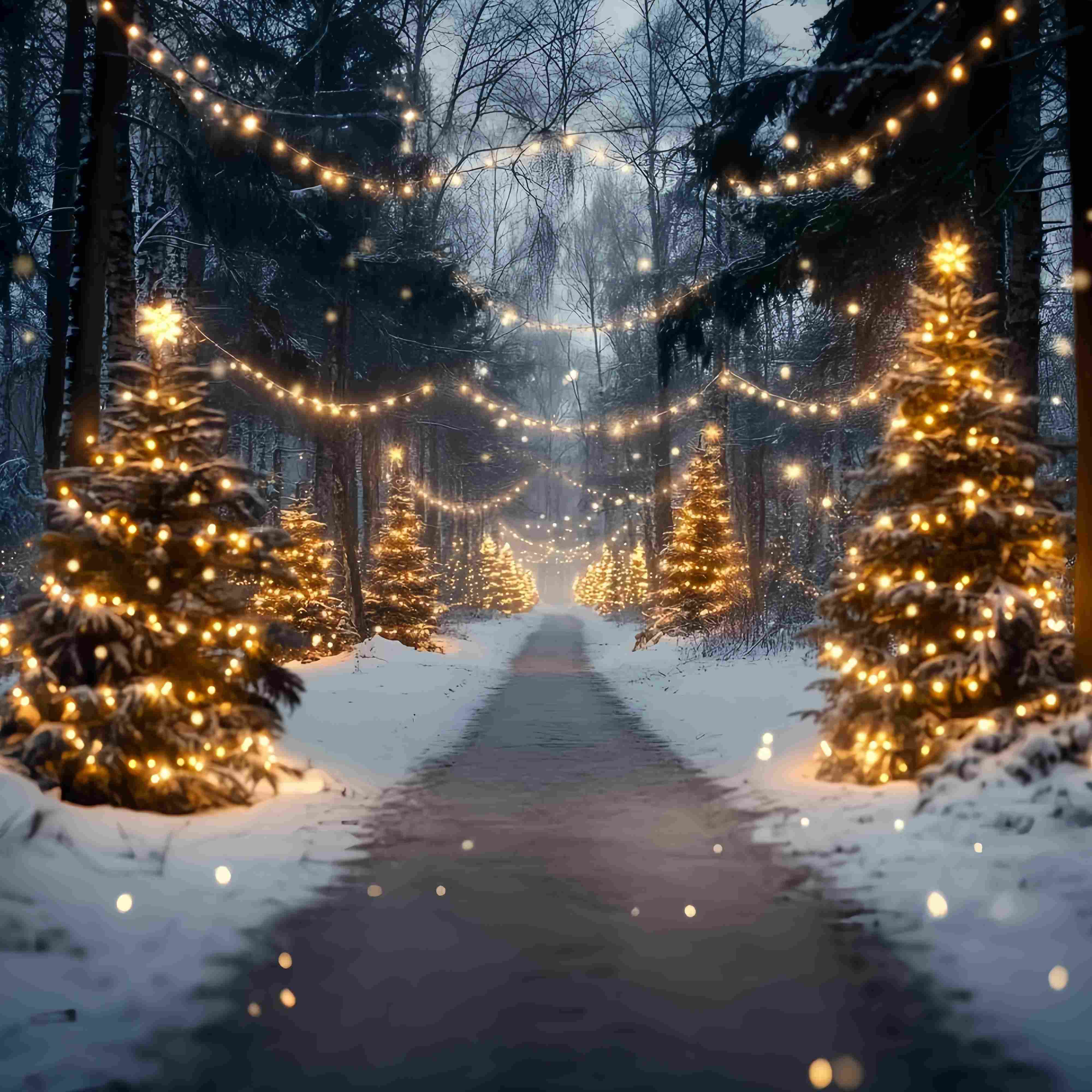 Toile de fond photo Noël Ferme de Sapins Sentier Enneigé Lumières Dorées TWW58-89