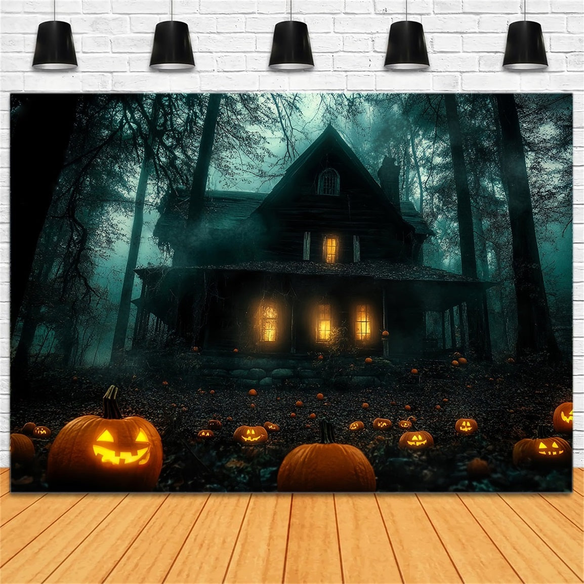 Toile De Fond Halloween Chemin De Citrouilles Vers Maison Hantée En Forêt TWW58-9