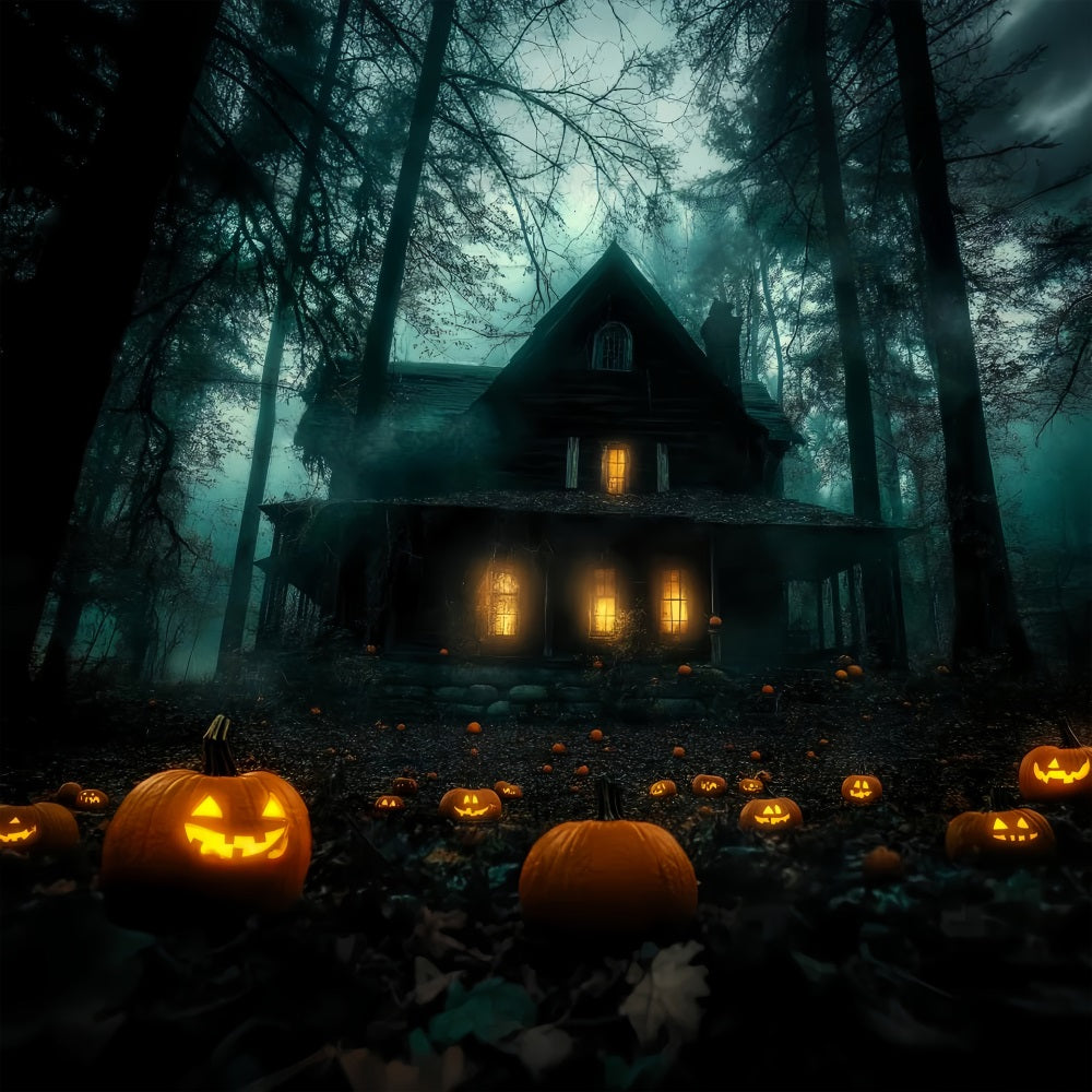 Toile De Fond Halloween Chemin De Citrouilles Vers Maison Hantée En Forêt TWW58-9