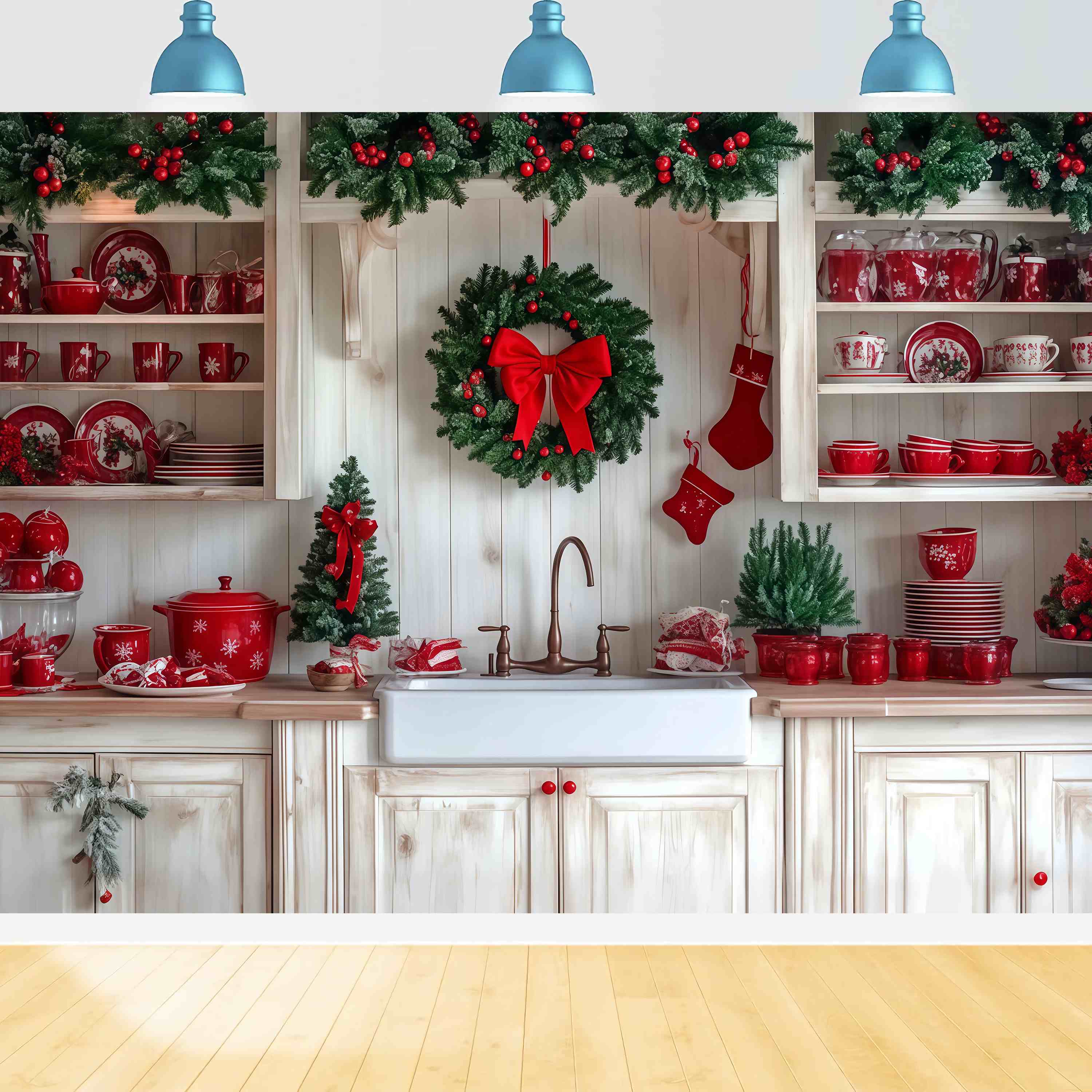 Toile de fond Noël Cuisine Festive Couronne Vaisselle Rouge TWW58-92