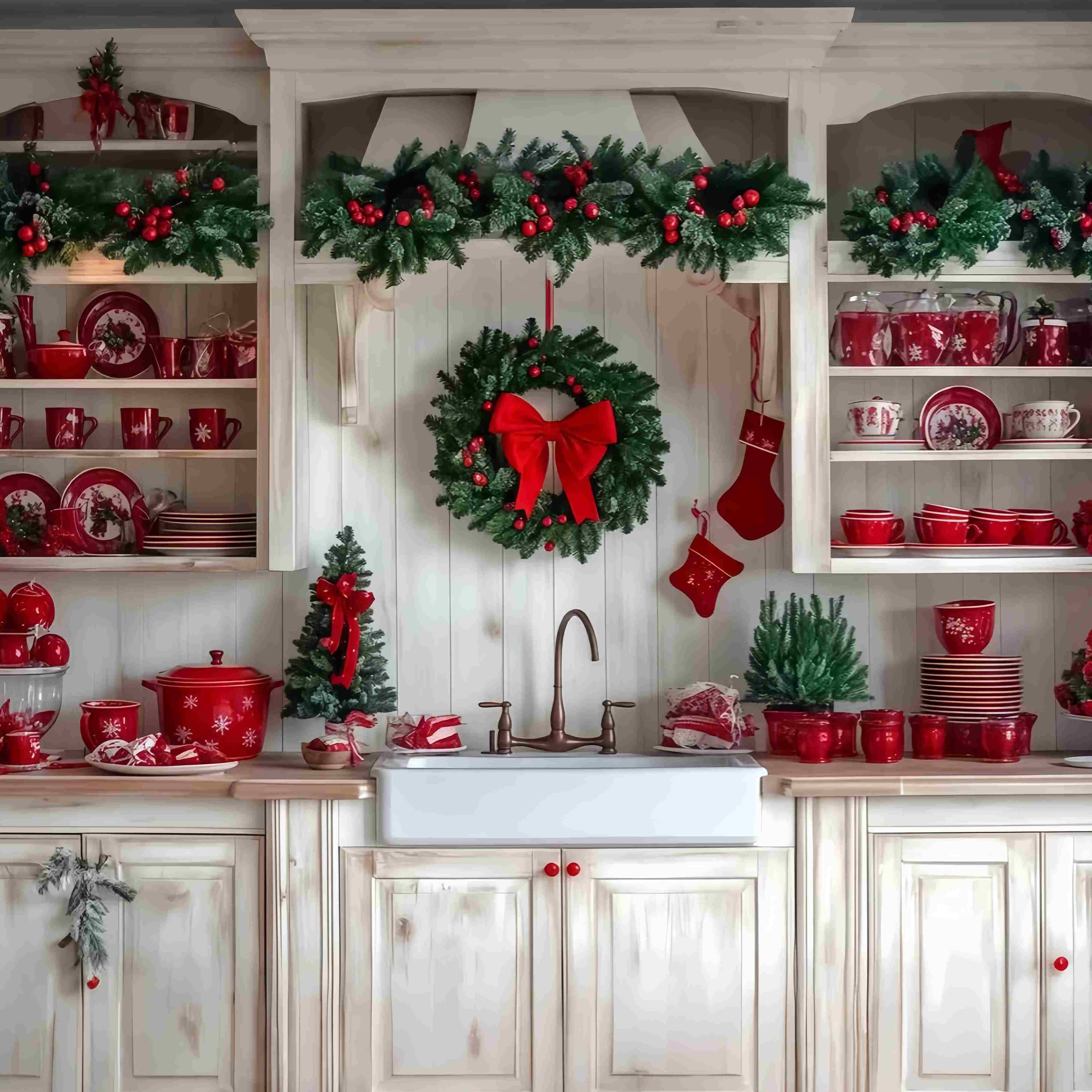 Toile de fond Noël Cuisine Festive Couronne Vaisselle Rouge TWW58-92