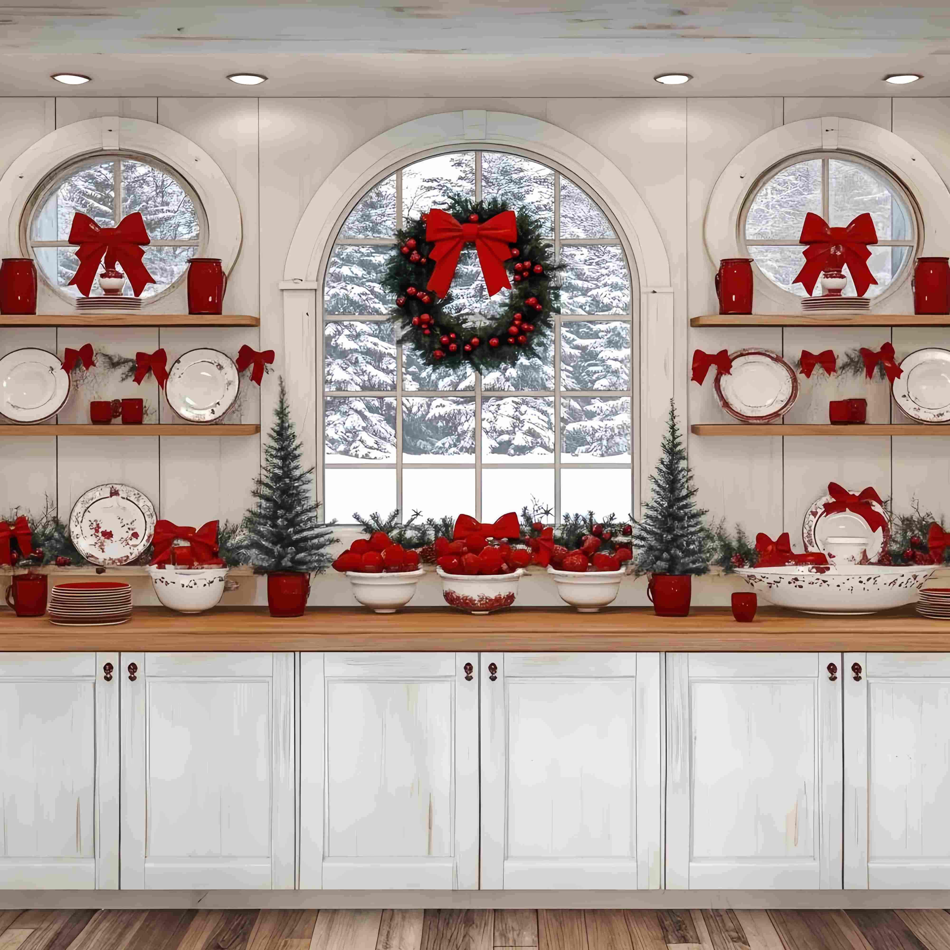 Toile de fond Noël Cuisine Fenêtre Enneigée Décor Ruban Rouge TWW58-93