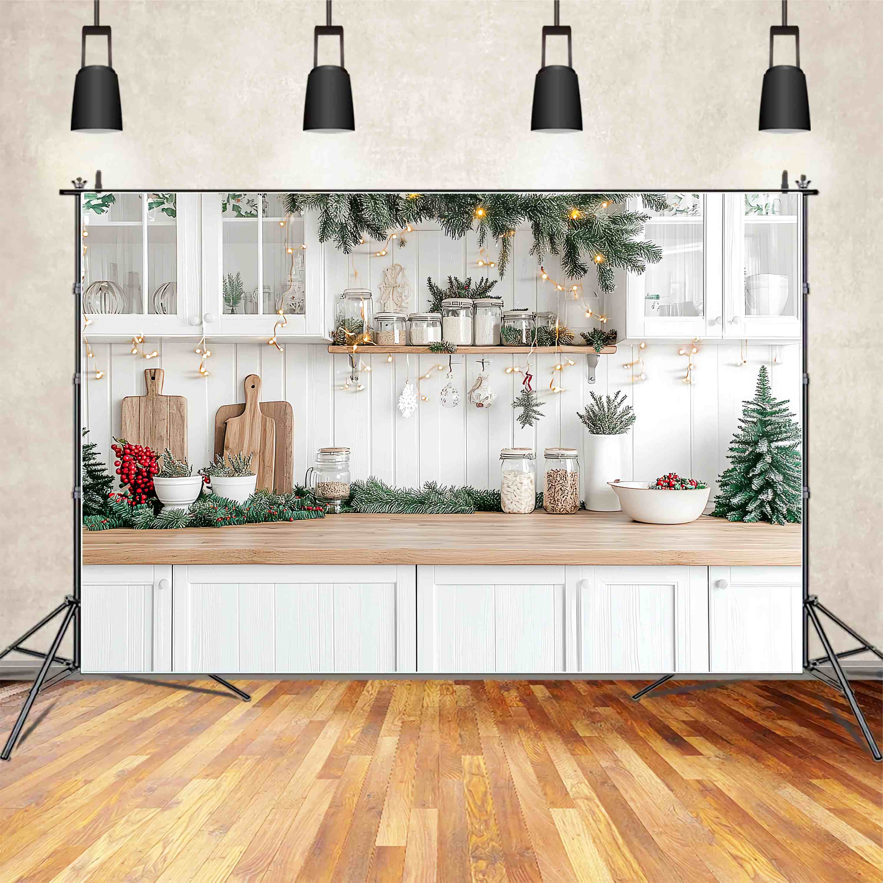 Toile de fond photo Noël Cuisine Blanche Comptoir Guirlande Sapin TWW58-95