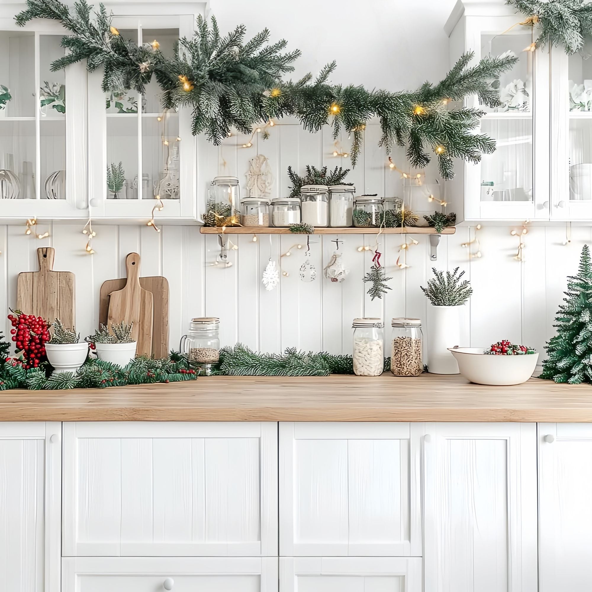 Toile de fond photo Noël Cuisine Blanche Comptoir Guirlande Sapin TWW58-95
